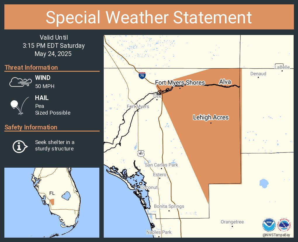 A special weather statement has been issued for Lehigh Acres FL, Gateway FL and  Fort Myers Shores FL until 3:15 PM EDT