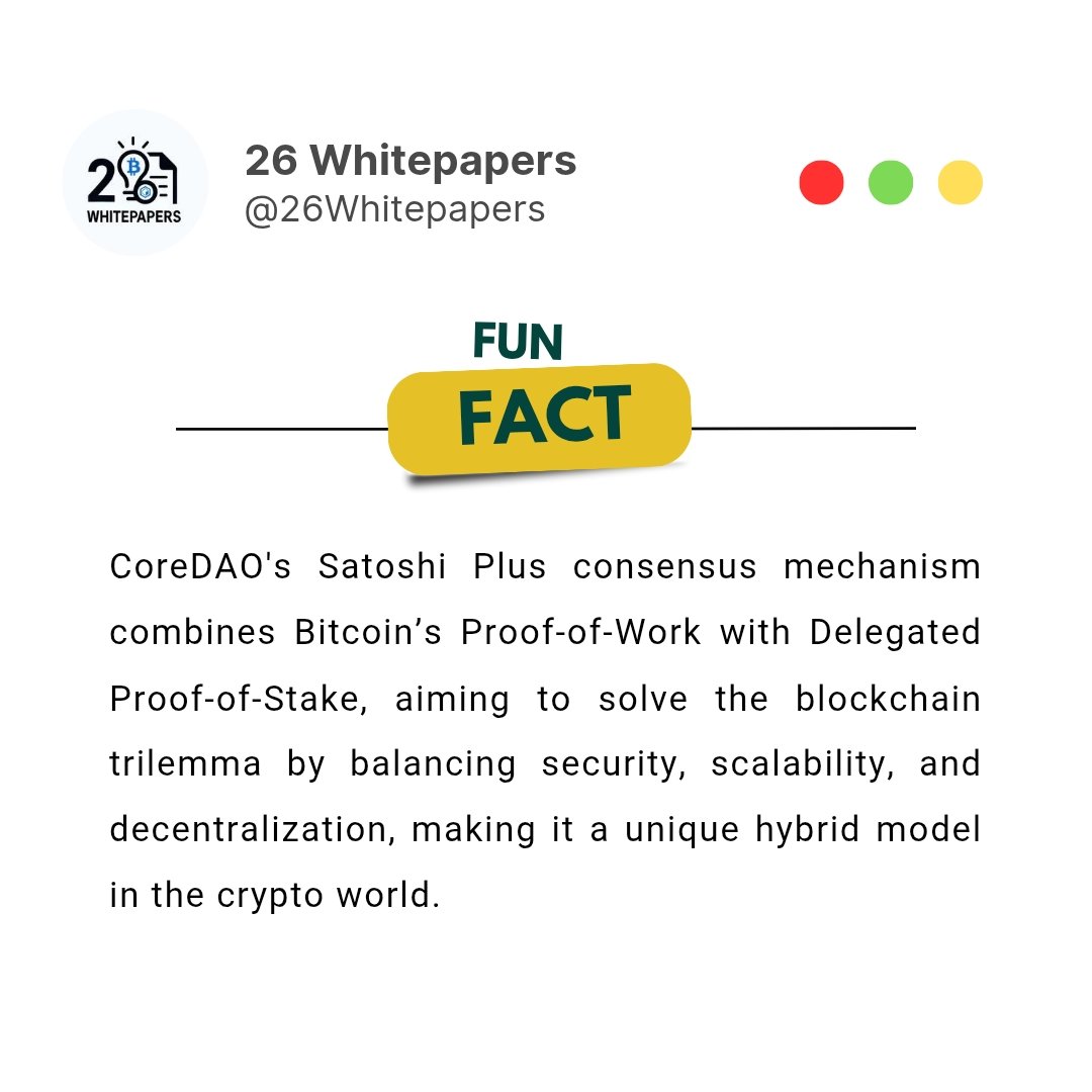 26Whitepapers's tweet photo. Fun Fact

#CoreDAO's Satoshi Plus consensus mechanism combines Bitcoin’s Proof-of-Work with Delegated Proof-of-Stake, aiming to solve the blockchain trilemma by balancing security, scalability, and decentralization, making it a unique hybrid model in the crypto world. https://t.co/fjrNWMeCFQ