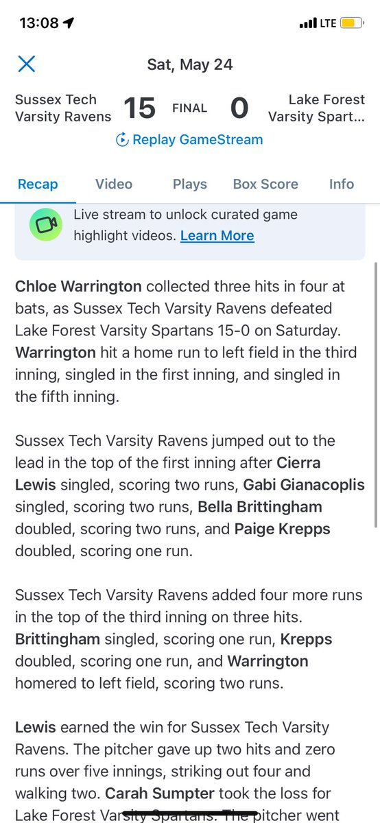PaigeKrepps00 (@pkrepps00) on Twitter photo Went 3-4 with 3 doubles against Lake Forest today with them being the #4 seed. Won 15-0 agianst the best voted pitcher in Delaware! Now onto the Semis up at UD!! <a href="/TopPreps/">SPORTS NEWS, VIDEOS, GRAPHICS, EXPOSURE & MORE</a> <a href="/SBRRetweets/">Softball Recruiting Reposts</a> <a href="/DESPORTSBLITZ/">Delaware Sports Blitz</a> <a href="/ExtraInningSB/">EXTRA INNING SOFTBALL</a> <a href="/CoastRecruits/">Coast 2 Coast Recruits</a> Went 3-4 with 3 doubles against Lake Forest today with them being the #4 seed. Won 15-0 agianst the best voted pitcher in Delaware! Now onto the Semis up at UD!! <a href="/TopPreps/">SPORTS NEWS, VIDEOS, GRAPHICS, EXPOSURE & MORE</a> <a href="/SBRRetweets/">Softball Recruiting Reposts</a> <a href="/DESPORTSBLITZ/">Delaware Sports Blitz</a> <a href="/ExtraInningSB/">EXTRA INNING SOFTBALL</a> <a href="/CoastRecruits/">Coast 2 Coast Recruits</a>