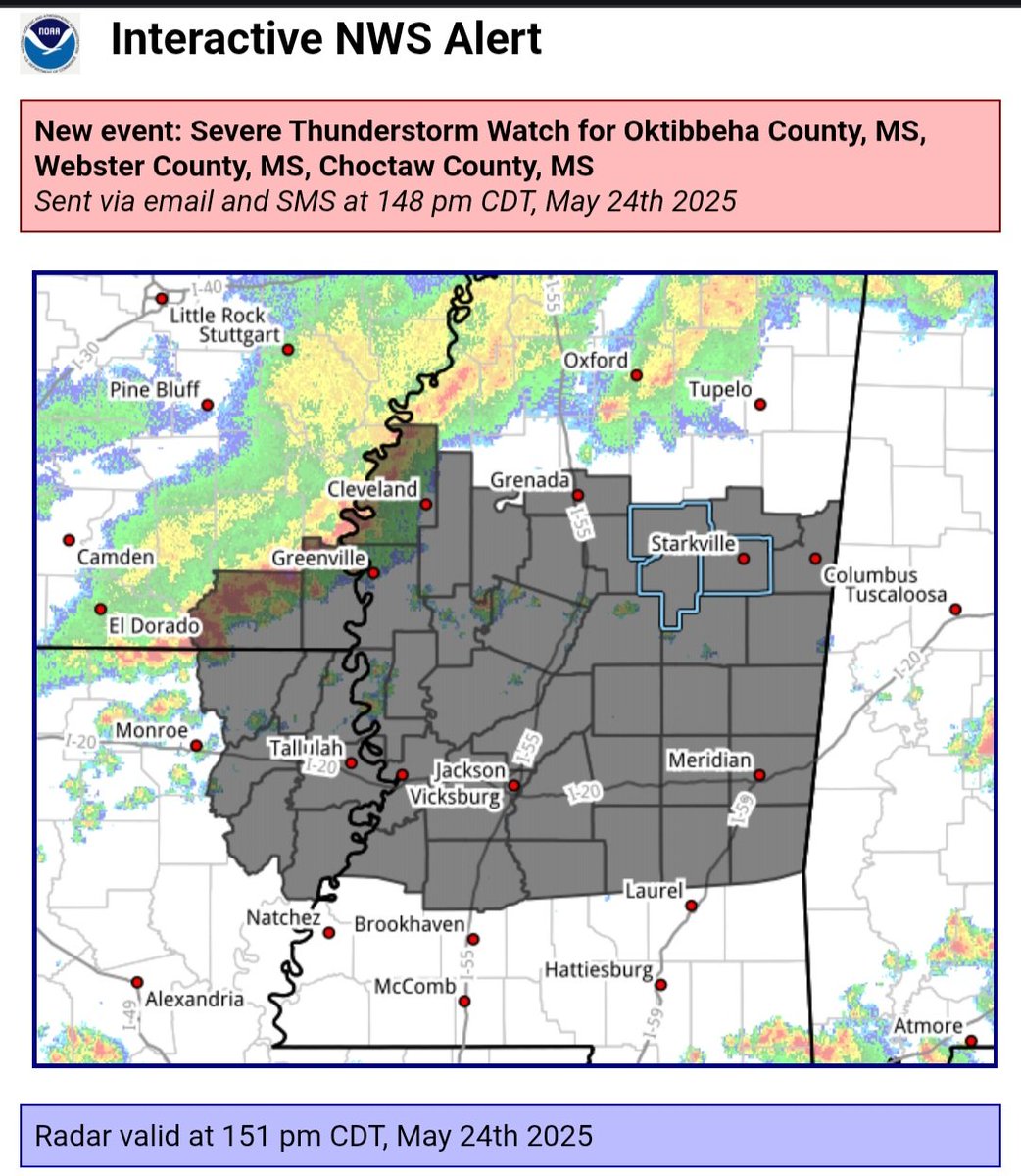 New event. Severe Thunderstorm Watch from 5/24/2025 1:48 PM to 8:00 PM CDT for Oktibbeha County, MS inws.ncep.noaa.gov/a/a.php?i=1146…