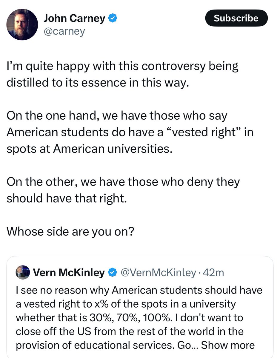 Private universities should not be obliged by the govt to discriminate against foreign students. Public universities, because they were designed to educate a state's students, generally do already discriminate against students from out of state, which seems fine.