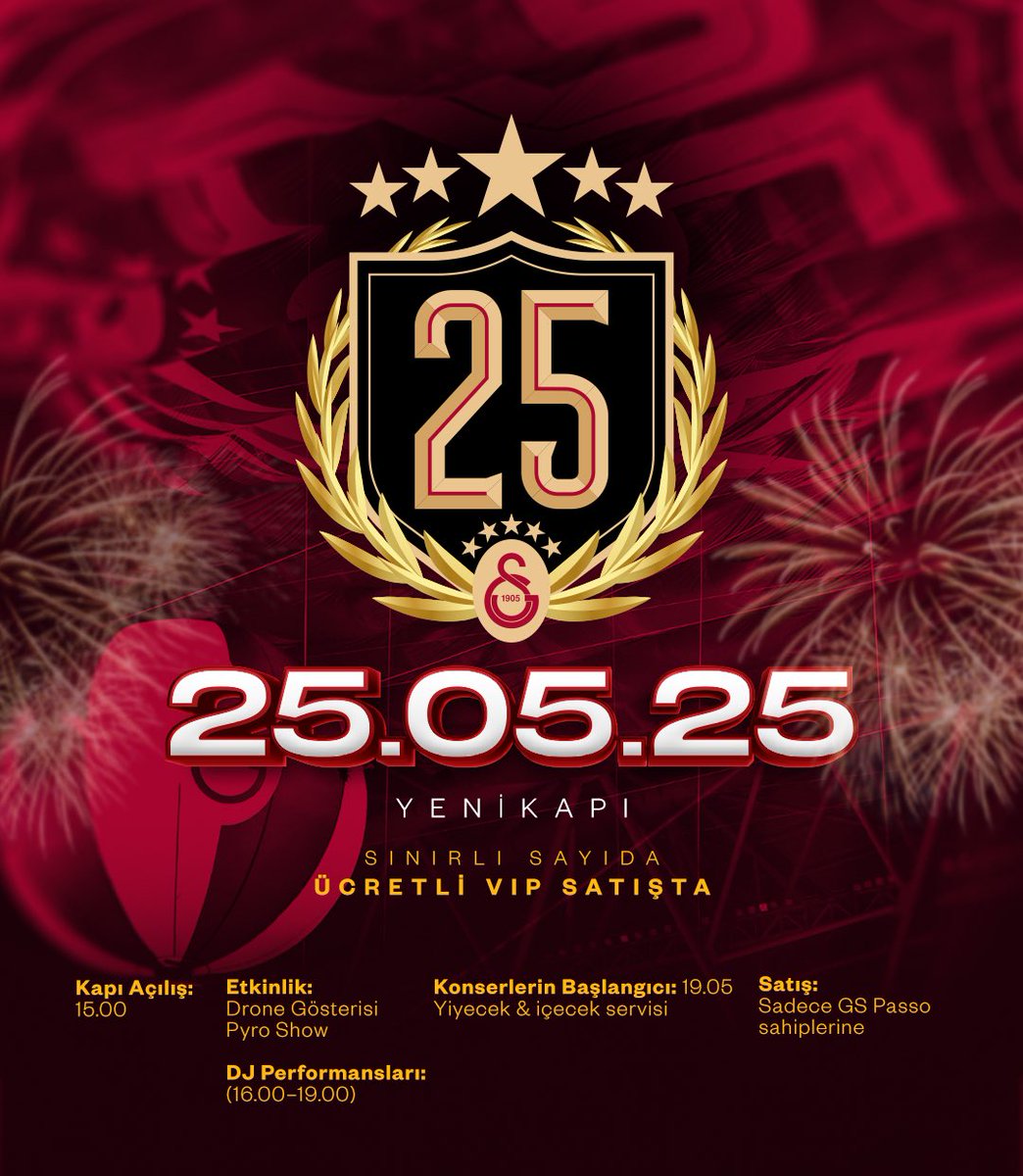 Galatasaray Champions Fest VIP biletlerinin satışı devam ediyor! 💛❤️ #GSFest 

TÜRKİYE'NİN İLK VE TEK BEŞ YILDIZLI ŞAMPİYONU GALATASARAY, 25. şampiyonluğu ile beşinci yıldızı göğsüne takıyor! 🏆🌟

Yenikapı’daki şampiyonluk kutlamasının sınırlı sayıdaki VIP biletlerinin satışı,