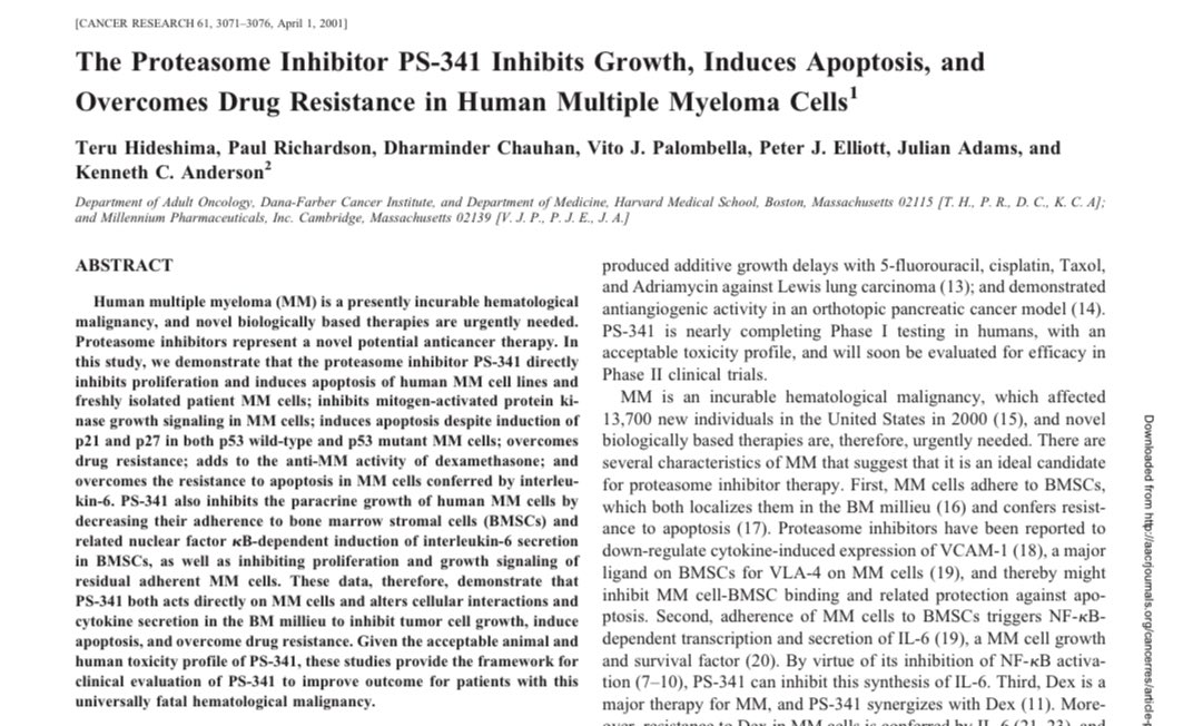 Vincent Rajkumar (@vincentrk) on Twitter photo <a href="/Myeloma_Doc/">Robert Z. Orlowski</a> <a href="/JCO_ASCO/">Journal of Clinical Oncology</a> Simultaneously preclinical studies showing the activity of PS-341 in myeloma were done <a href="/DanaFarber/">Dana-Farber</a> by Ken Anderson and colleagues.
PS-341 was felt to be highly active against myeloma.
Bedside and bench worked side by side. aacrjournals.org/cancerres/artiโฆ <a href="/Myeloma_Doc/">Robert Z. Orlowski</a> <a href="/JCO_ASCO/">Journal of Clinical Oncology</a> Simultaneously preclinical studies showing the activity of PS-341 in myeloma were done <a href="/DanaFarber/">Dana-Farber</a> by Ken Anderson and colleagues.
PS-341 was felt to be highly active against myeloma.
Bedside and bench worked side by side. aacrjournals.org/cancerres/artiโฆ