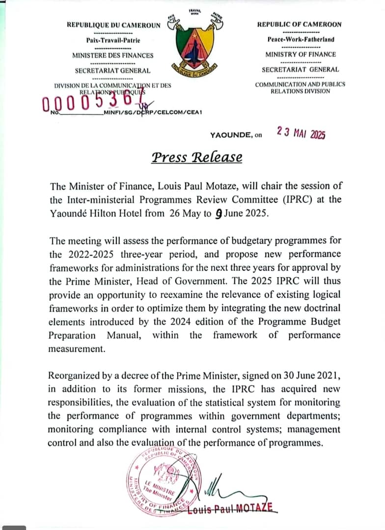 minfi_cameroun's tweet image. 🔴🔴🔴 #Communiqué | Le Ministre des Finances, Louis Paul MOTAZE, présidera le lundi 26 mai 2025, la cérémonie d'ouverture des assises du Comité Interministériel d'Examen des Programmes (CIEP) à l'Hôtel Hilton de Yaoundé.