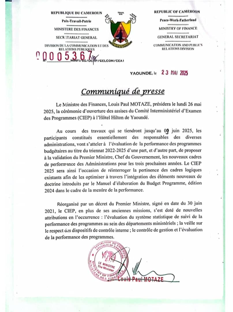 minfi_cameroun's tweet image. 🔴🔴🔴 #Communiqué | Le Ministre des Finances, Louis Paul MOTAZE, présidera le lundi 26 mai 2025, la cérémonie d'ouverture des assises du Comité Interministériel d'Examen des Programmes (CIEP) à l'Hôtel Hilton de Yaoundé.