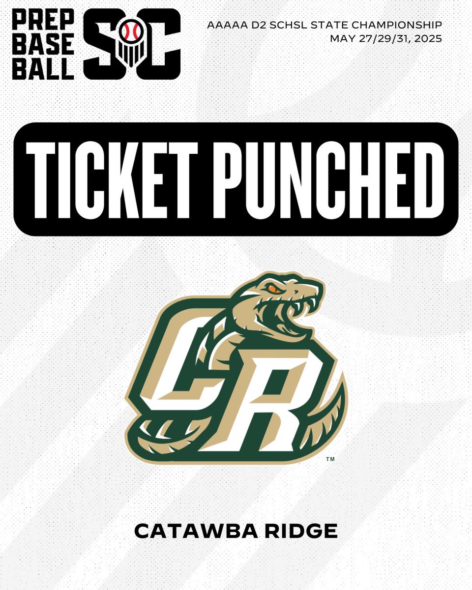 Prep Baseball South Carolina (@prepbaseball_sc) on Twitter photo Congratulations to Catawba Ridge on winning the 5A D2 Upperstate championship and punching their ticket to the 5A D2 State Championship Series <a href="/CatawbaRidgeBSB/">Catawba Ridge Baseball 🐍</a>
#SCHSLPlayoffs25 #BeSeen #RoadToState Congratulations to Catawba Ridge on winning the 5A D2 Upperstate championship and punching their ticket to the 5A D2 State Championship Series <a href="/CatawbaRidgeBSB/">Catawba Ridge Baseball 🐍</a>
#SCHSLPlayoffs25 #BeSeen #RoadToState