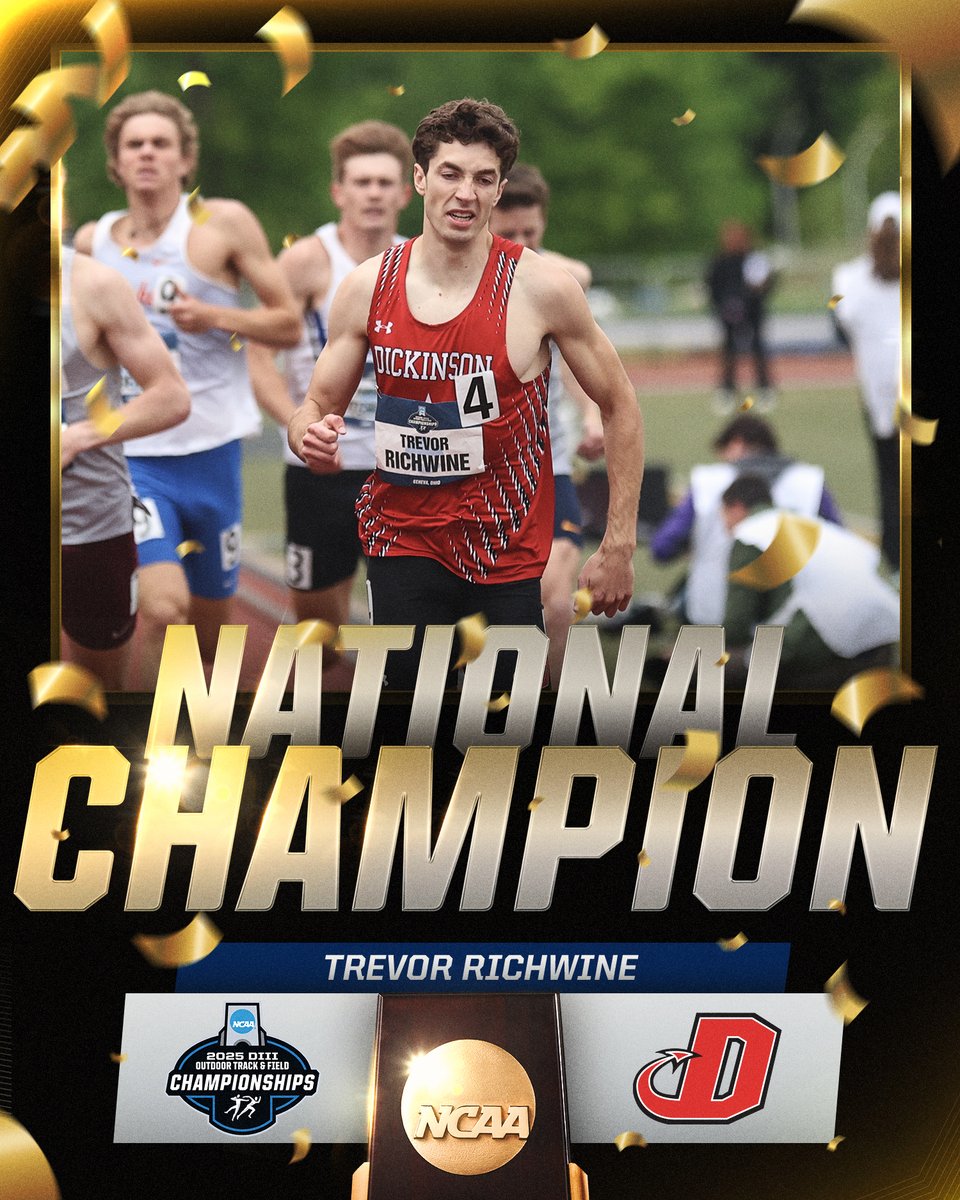 NCAA Division III (@ncaadiii) on Twitter photo NATIONAL CHAMPION🏆
Trevor Richwine of <a href="/DsonRedDevils/">Dickinson Red Devils</a> wins the men's 800m run with a time of 1:49.99!
#WhyD3 | #D3tf NATIONAL CHAMPION🏆
Trevor Richwine of <a href="/DsonRedDevils/">Dickinson Red Devils</a> wins the men's 800m run with a time of 1:49.99!
#WhyD3 | #D3tf