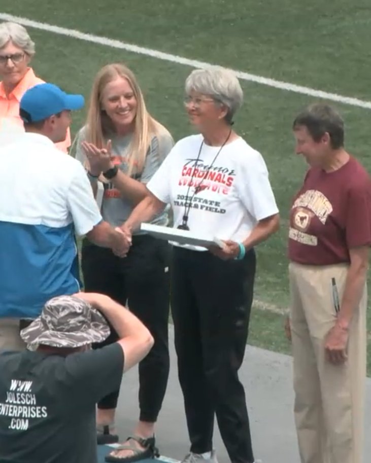 Today at the State Meet, Coach Hartigan was recognized for 50 years of service to Track &amp; Field. Her impact on Treynor and the sport is immeasurable.
An incredible coach, a legacy that continues to build and a Cardinal through and through.  Congrats Coach!!! #iahstrk <a href="/treynortfxc/">Treynor Girls TFXC</a>