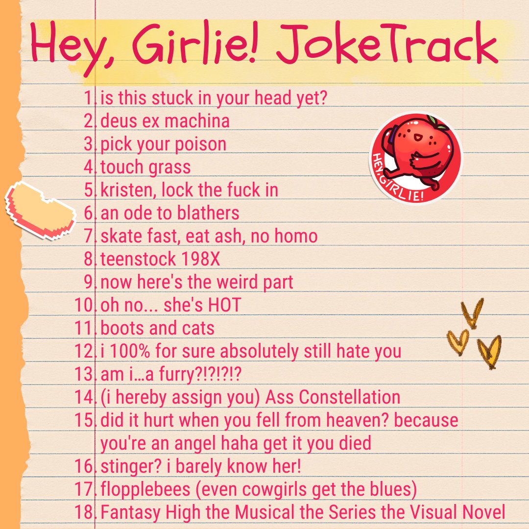 HeyGirlieGame's tweet photo. 🍎🐝Hey, girlies (gender-neutral)! Good news! Our 18-track ORIGINAL SOUNDTRACK is now available on YouTube! The official track titles are over there, but here's some alt titles for the tracks that have been stuck in our heads all week.
🍎🐝Listen here: https://t.co/1U49cXtzdq https://t.co/IIV9gnIGe6