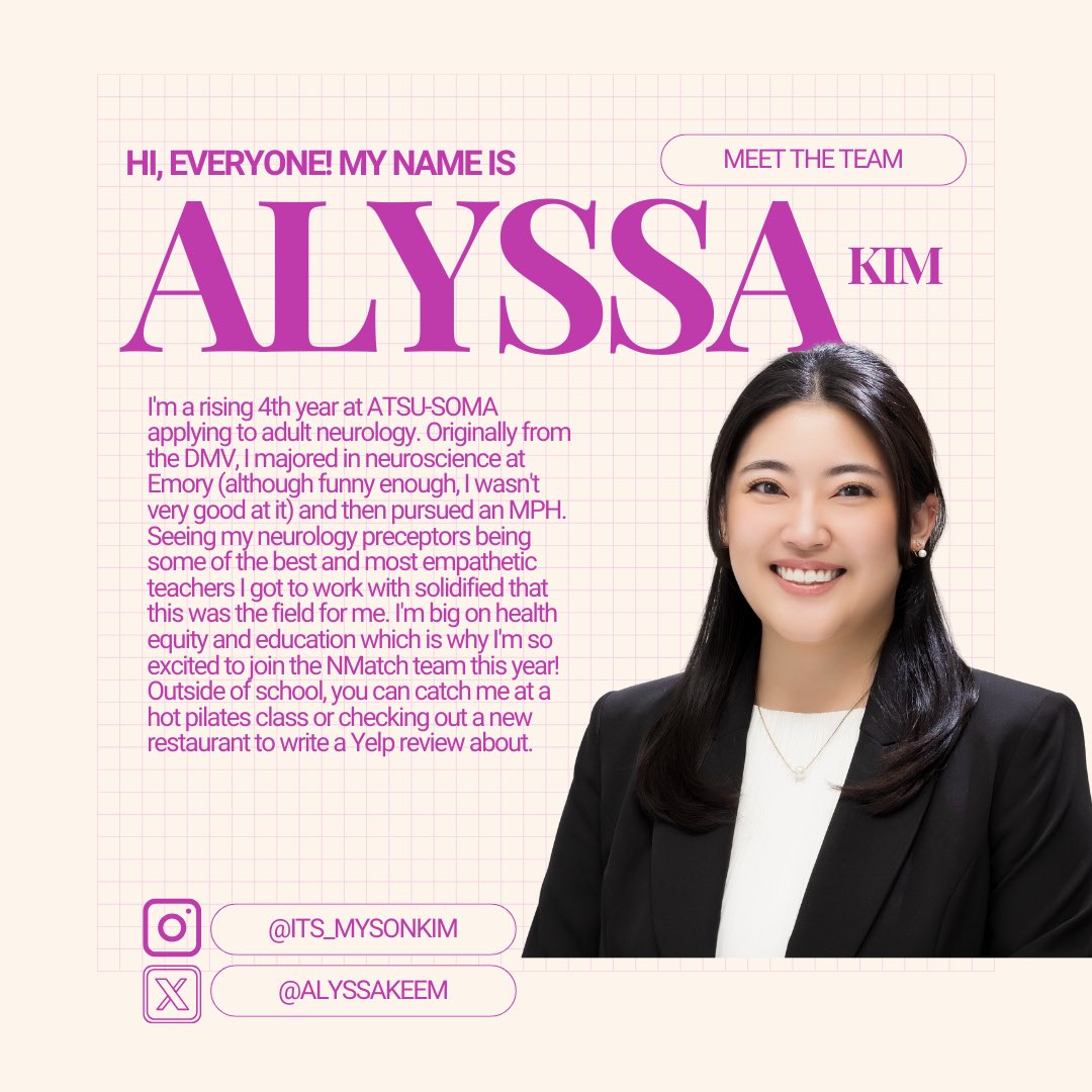 NeurologyMATCH2025 (@nmatch2025) on Twitter photo Introducing future adult neurologist and current @nmatch2026 leader, Alyssa Kim <a href="/alyssakeem/">Alyssa Kim</a>, MS4 at ATSU-SOMA! When she’s not breaking down barriers to health equity, Alyssa is taking care of herself with pilates or writing up her next restaurant Yelp review~ 🤸♀️🍝✨ #NMatch Introducing future adult neurologist and current @nmatch2026 leader, Alyssa Kim <a href="/alyssakeem/">Alyssa Kim</a>, MS4 at ATSU-SOMA! When she’s not breaking down barriers to health equity, Alyssa is taking care of herself with pilates or writing up her next restaurant Yelp review~ 🤸♀️🍝✨ #NMatch