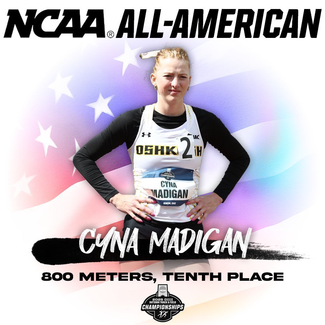 UW-Oshkosh Athletics (@uwoshkoshtitans) on Twitter photo Cyna Madigan earns All-America second team honors with her tenth place finish in the 800 meter event at the <a href="/NCAADIII/">NCAA Division III</a> Outdoor Championship🏅
This is Madigan's third straight outdoor All-America honor 💛
<a href="/UWOTF_CC/">UW-Oshkosh Track & Field/Cross Country</a> | #GoldStandard #d3tf Cyna Madigan earns All-America second team honors with her tenth place finish in the 800 meter event at the <a href="/NCAADIII/">NCAA Division III</a> Outdoor Championship🏅
This is Madigan's third straight outdoor All-America honor 💛
<a href="/UWOTF_CC/">UW-Oshkosh Track & Field/Cross Country</a> | #GoldStandard #d3tf