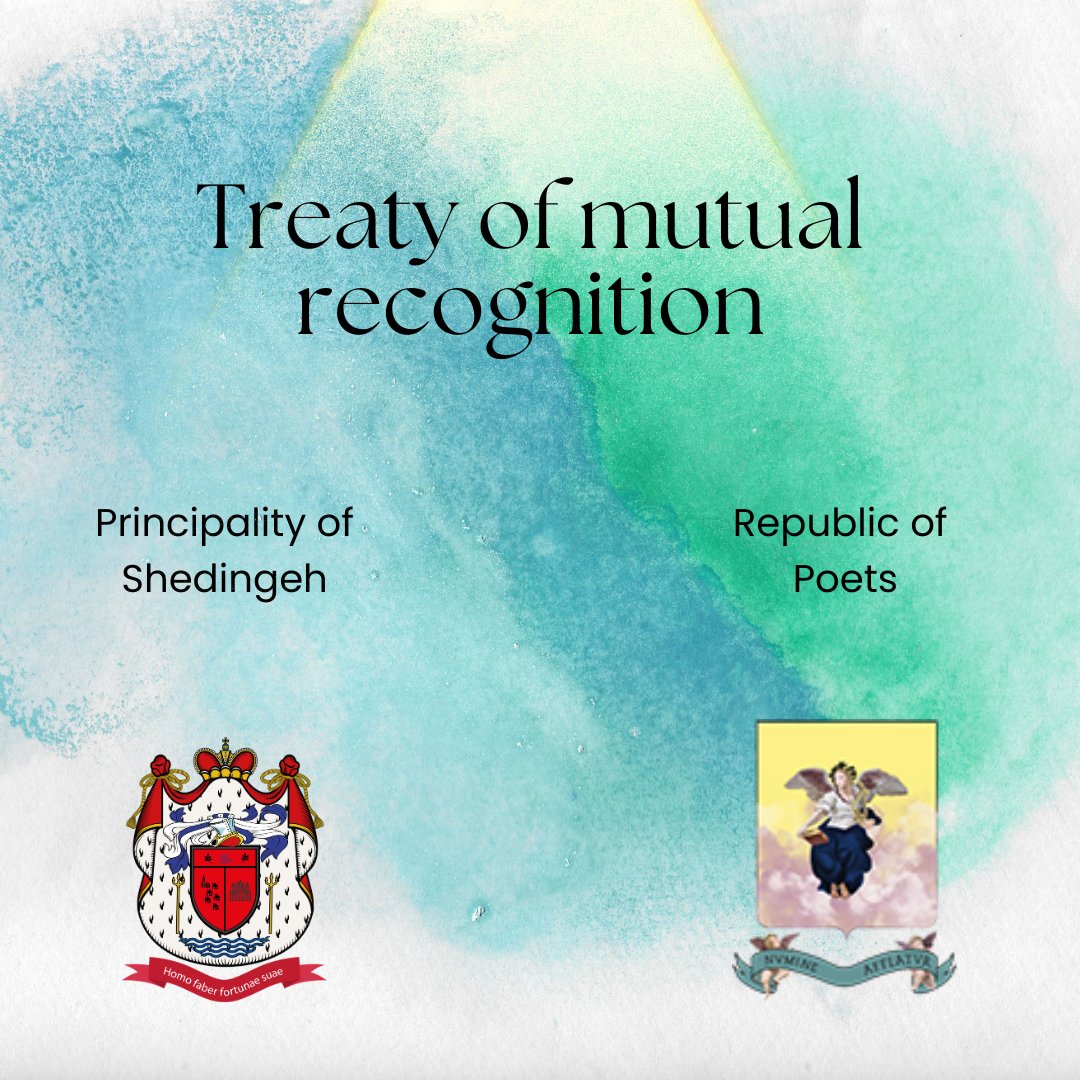 The Principality of Shedingeh has signed a Treaty of Mutual Recognition with the Republic of Poets. 
shedingeh.micronazione.it/index.php/2025…

#Shedingeh #RepublicOfPoets #Treaty #CulturalDiplomacy #Poetry #Art #MutualRecognition #Micronations #CulturesInDialogue