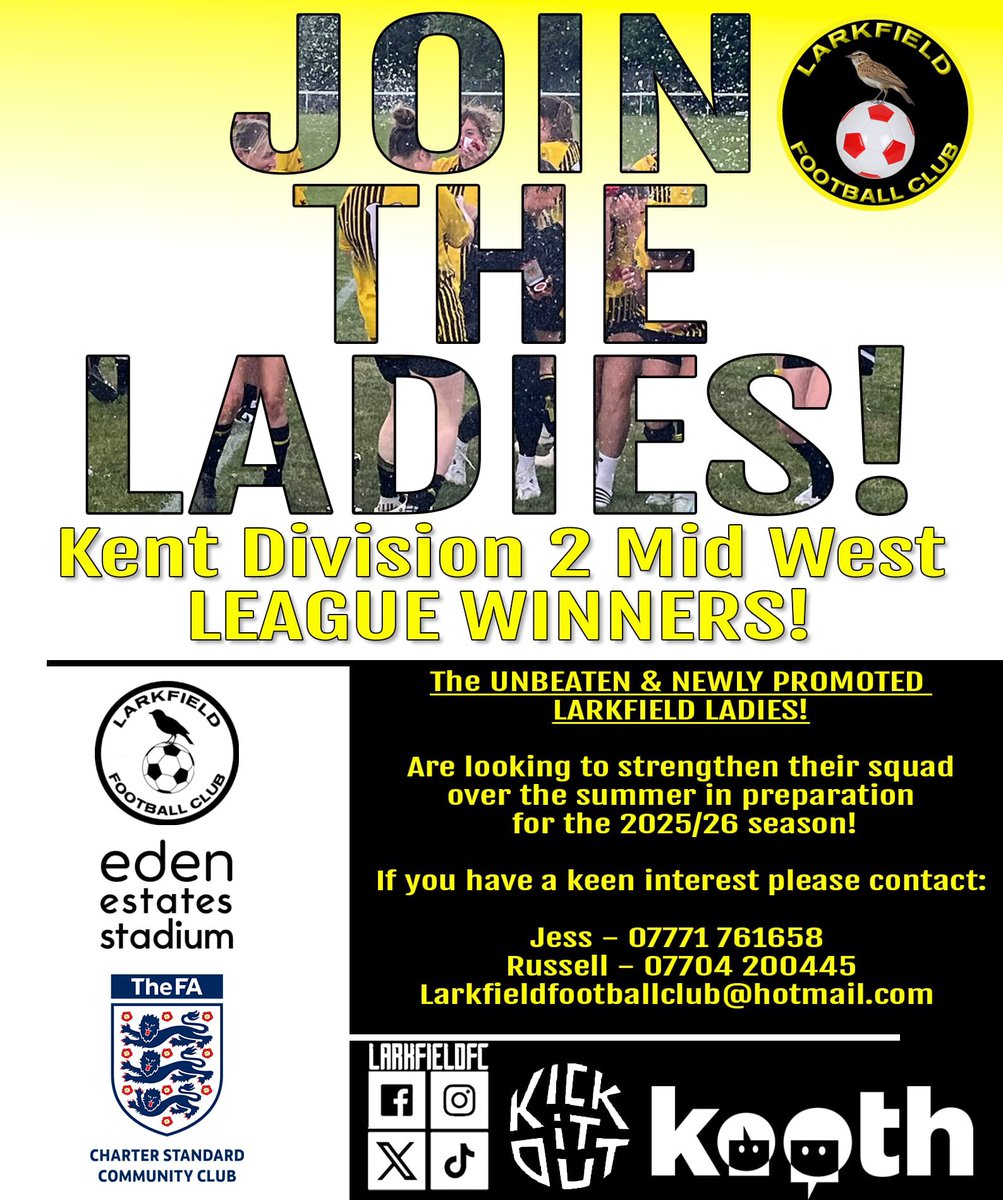 LarkfieldFC (@larkfieldfc) on Twitter photo ๐ท๐ณ๐จ๐๐ฌ๐น๐บ ๐พ๐จ๐ต๐ป๐ฌ๐ซ!
Our league winning Ladies team are looking for players to strengthen their squad for the new season in Div1 following their unbeaten season.
Interested? contact Jess or Russell whoโd love to have a chat with you, or drop an email to the club ๐กโซ๏ธ ๐ท๐ณ๐จ๐๐ฌ๐น๐บ ๐พ๐จ๐ต๐ป๐ฌ๐ซ!
Our league winning Ladies team are looking for players to strengthen their squad for the new season in Div1 following their unbeaten season.
Interested? contact Jess or Russell whoโd love to have a chat with you, or drop an email to the club ๐กโซ๏ธ
