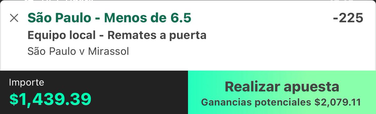 EstadisticasFC's tweet photo. 🪜 RETO ESCALERA - PASO 2 ⚽️

💰: $1,439.39 ➡️ $2,079.11 

📝 Pick [-225]:
São Paulo - Menos de 6.5 remates a puerta

🔍 Análisis:
🇧🇷 São Paulo vs Mirassol
São Paulo tiene menos de 5.5 remates a puerta en sus últimos 17 juegos en todas las competiciones. 

¡Vamos por el verde!
#RetoEscalera #PicksFutbol #BettingTips #ApuestasDeportivas