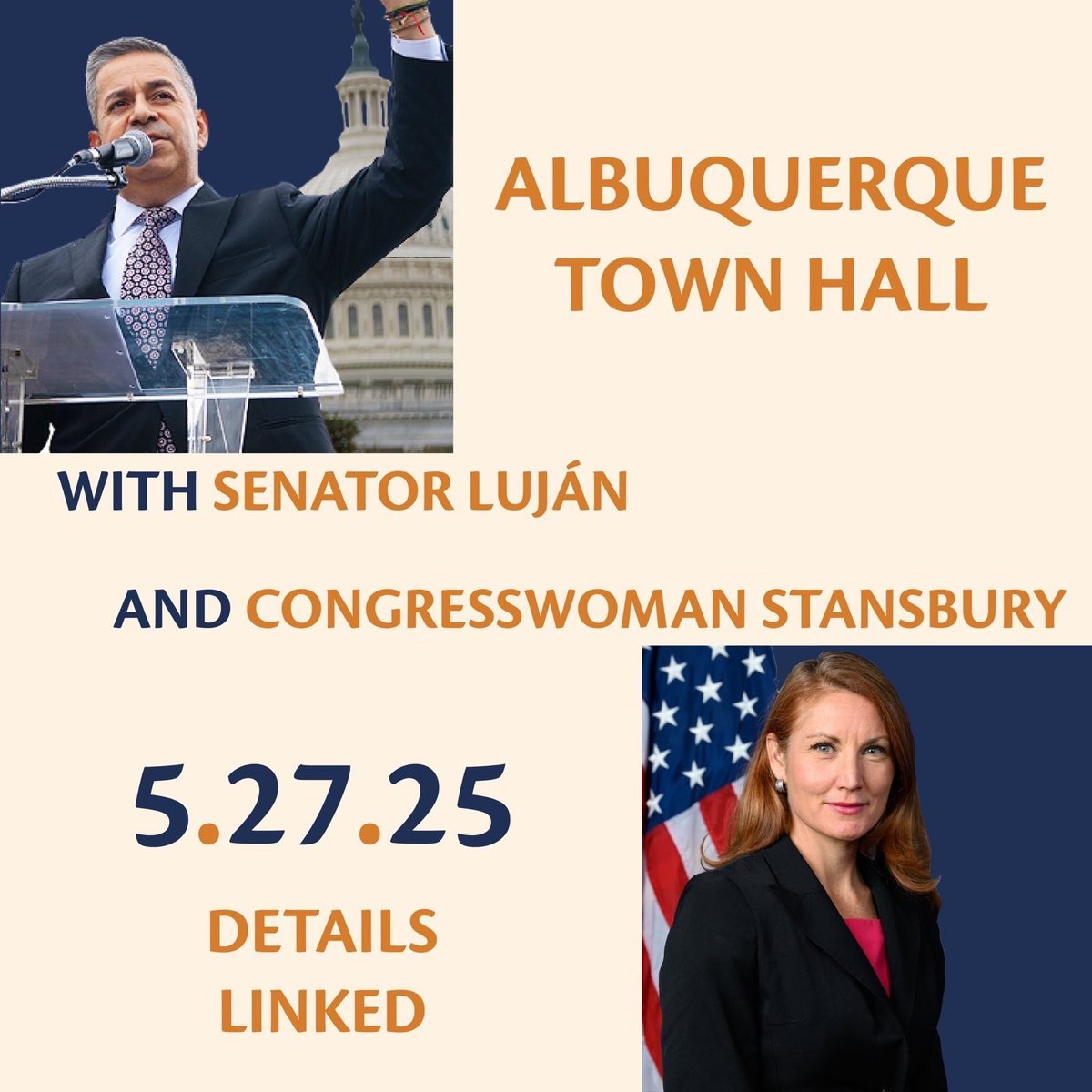 Senator Ben Ray Luján (@senatorlujan) on Twitter photo I'm hosting a town hall with <a href="/Rep_Stansbury/">Rep. Melanie Stansbury</a> in Albuquerque on May 27 – please register to join us in-person!
We’ll be taking questions from folks, sharing updates on our work in Washington, and state staff will be on-site to assist with casework if you're experiencing issues I'm hosting a town hall with <a href="/Rep_Stansbury/">Rep. Melanie Stansbury</a> in Albuquerque on May 27 – please register to join us in-person!
We’ll be taking questions from folks, sharing updates on our work in Washington, and state staff will be on-site to assist with casework if you're experiencing issues