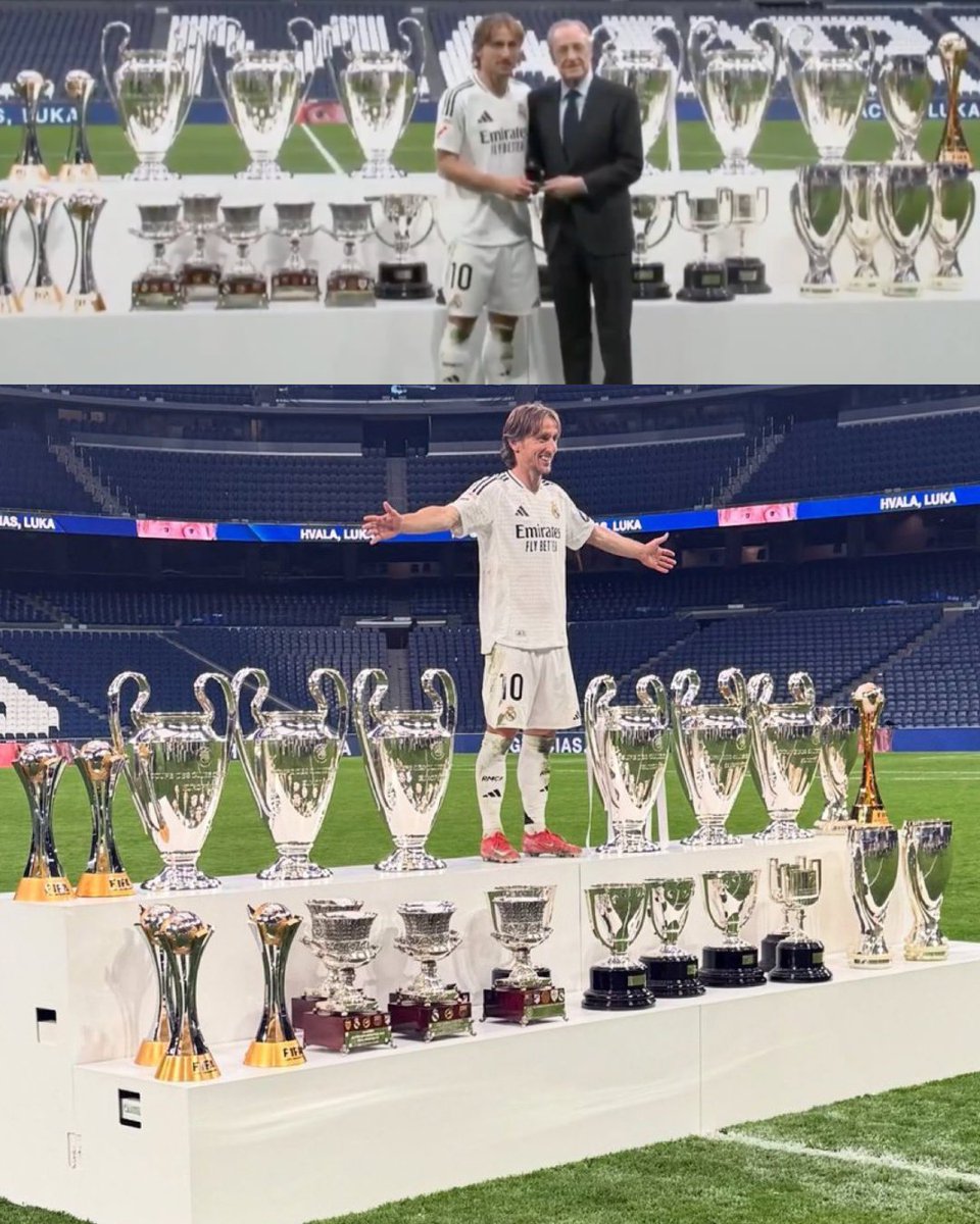 InvictosSomos's tweet photo. Luka Modric posando con los ¡¡28 TÍTULOS!! que ganó como jugador del Real Madrid. El "fichaje para tapar vergüenzas" se terminó convirtiendo en el futbolista más ganador en toda la historia del club más grande del mundo. EXCESO DE AURA.
