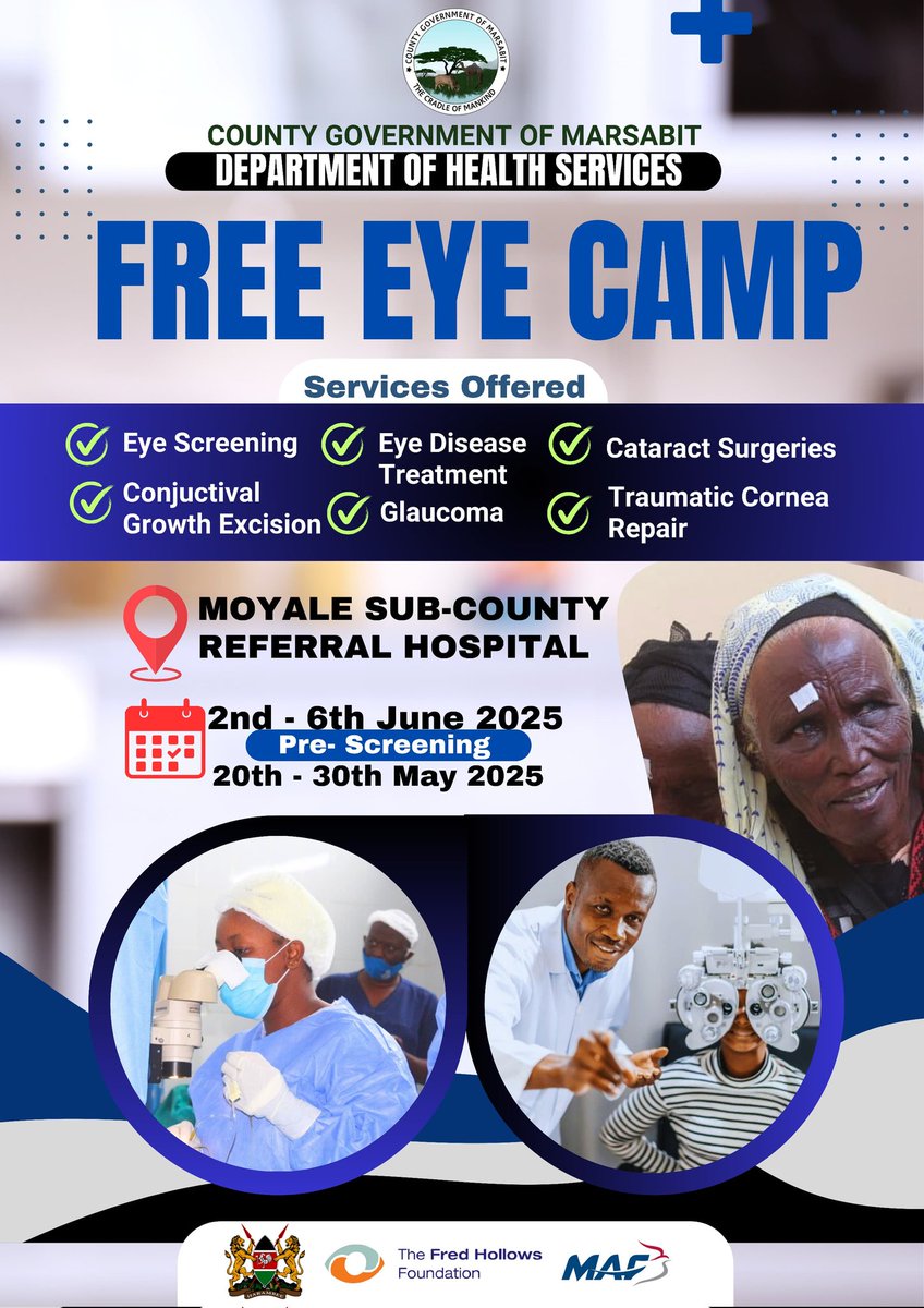 Department Of Health Services- Marsabit County (@healthmarsabit) on Twitter photo ๐๏ธ Free Eye Camp Alert! ๐๏ธ
The Department of Health Services-County Government of Marsabit,in collaboration with the <a href="/MOH_Kenya/">Ministry of Health</a> Ophthalmic Service Unit, <a href="/FredHollowsNZ/">The Fred Hollows Foundation NZ</a>, and <a href="/maf_us/">Mission Aviation Fellowship</a>,is organizing a Free Eye Camp at Moyale Sub County Referral Hospital.
Details on the poster below. ๐๏ธ Free Eye Camp Alert! ๐๏ธ
The Department of Health Services-County Government of Marsabit,in collaboration with the <a href="/MOH_Kenya/">Ministry of Health</a> Ophthalmic Service Unit, <a href="/FredHollowsNZ/">The Fred Hollows Foundation NZ</a>, and <a href="/maf_us/">Mission Aviation Fellowship</a>,is organizing a Free Eye Camp at Moyale Sub County Referral Hospital.
Details on the poster below.