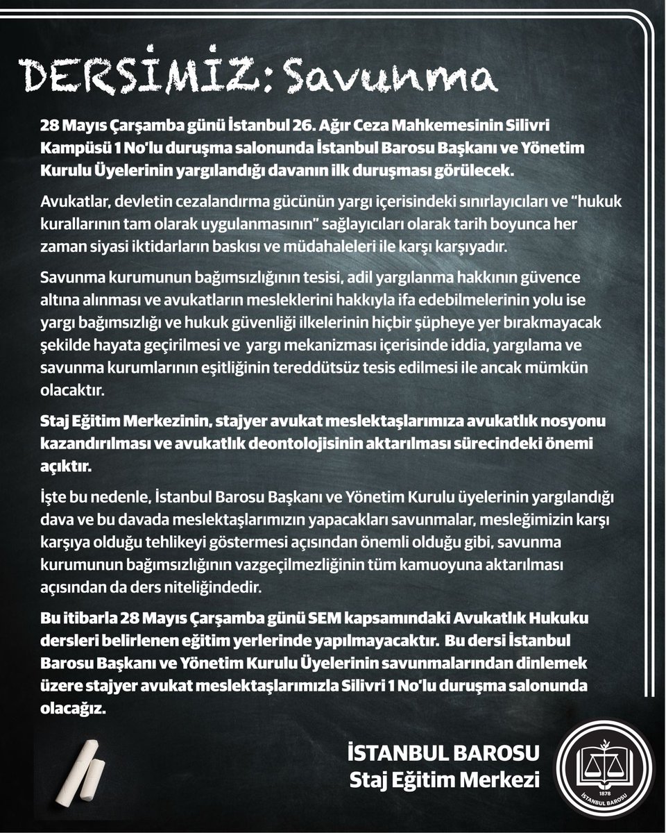 istbarosusem's tweet photo. 28 Mayıs Çarşamba günü Avukatlık Hukuku derslerimizi, Silivri 1 nolu duruşma salonunda İstanbul Barosu Başkanı ve Yönetim Kurulu üyelerinin savunmaları ile yapacağız.

https://t.co/40wsHcypkE https://t.co/JNOF6GgiTf