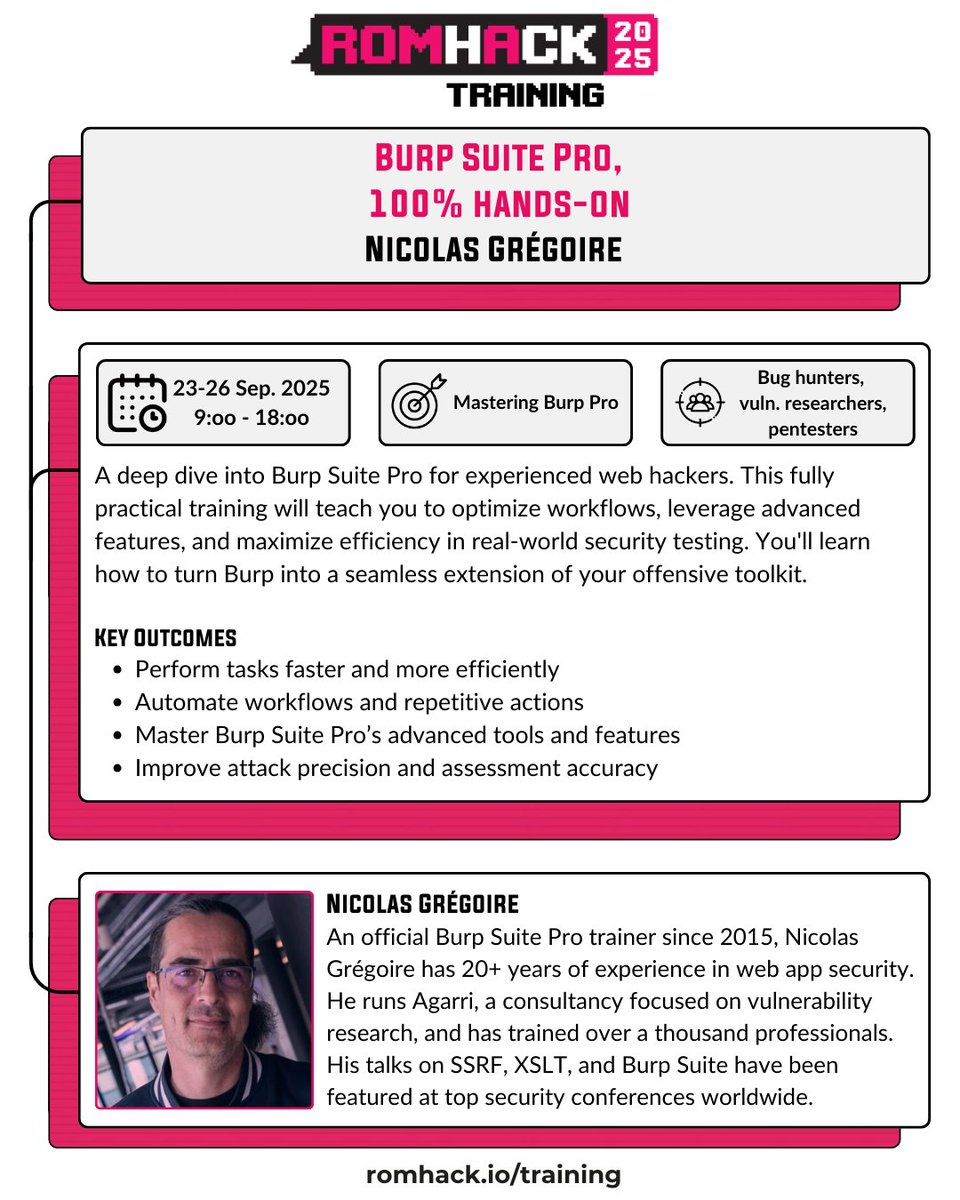 Cyber Saiyan | RomHack Conference, Training, Camp (@cybersaiyanit) on Twitter photo <<Reminder>> Burp Suite Pro: Master Your Web Testing Toolbox is the only 🛠️ <a href="/Agarri_FR/">Nicolas Grégoire</a> public training planned for 2025!
romhack.io/training/2025/…
#cybersecurity #burpsuite #websecurity #cybersecurityconference <<Reminder>> Burp Suite Pro: Master Your Web Testing Toolbox is the only 🛠️ <a href="/Agarri_FR/">Nicolas Grégoire</a> public training planned for 2025!
romhack.io/training/2025/…
#cybersecurity #burpsuite #websecurity #cybersecurityconference