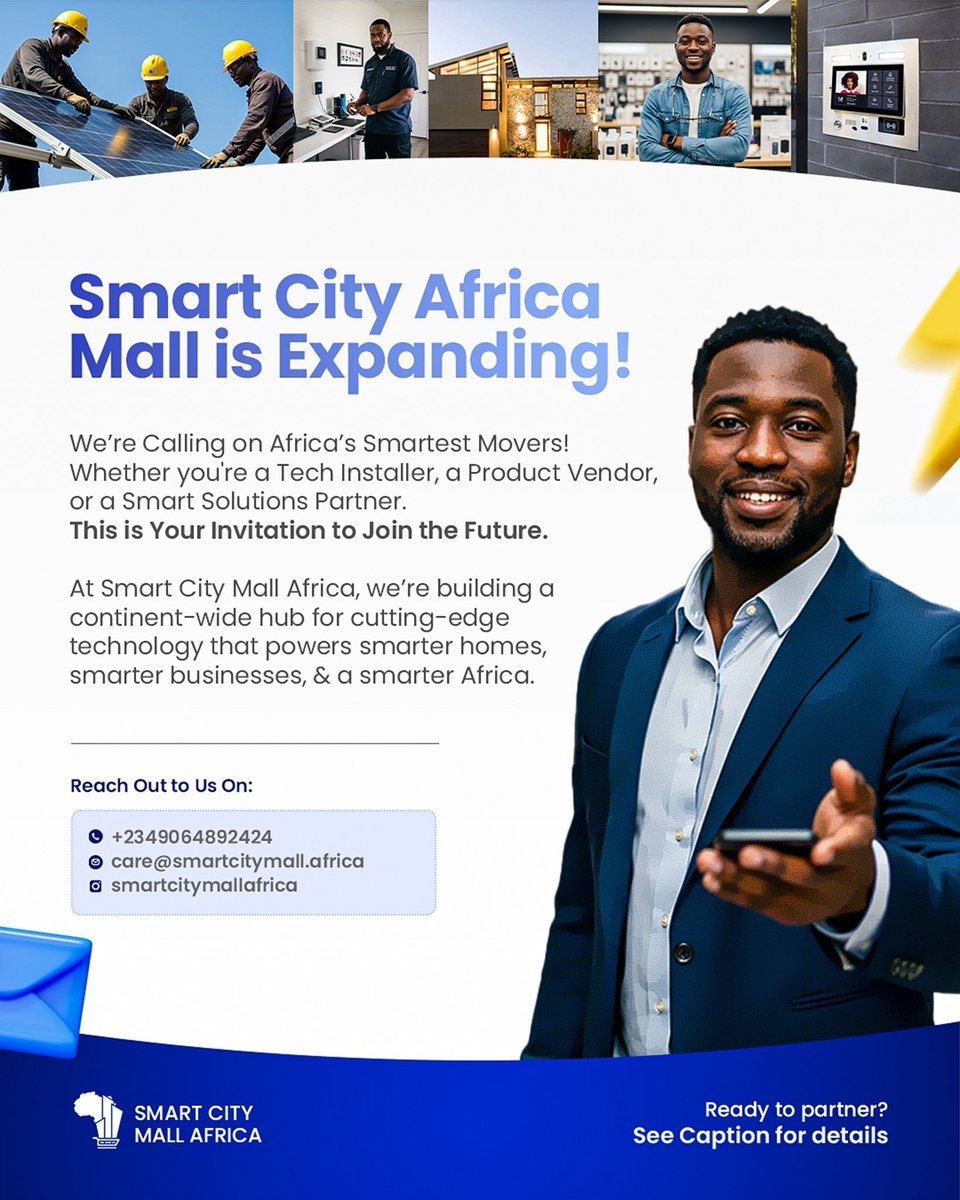 smartcity_mall's tweet photo. Africa’s Smart Future Starts Here! 🌍✨ Join Smart City Mall Africa as an installer, vendor, or partner — and be part of the tech revolution powering tomorrow.

#SmartCityAfrica #TechRevolution #AfricaRising #SmartLiving #SmartTechAfrica #JoinTheMovement #FutureIsNow https://t.co/v8t5uE6nAN