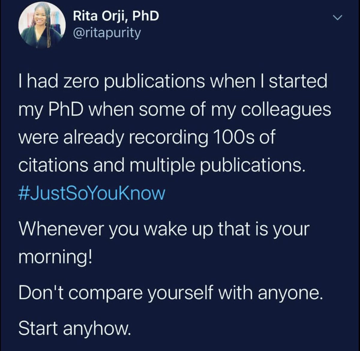 Prof. Rita Orji, PhD (@ritapurity) on Twitter photo Maybe this helps someone who feels unqualified to get started!
As of today, I have over 350 publications.
Start anyway!!!
Not everyone was born a researcher—
Some of us started anyway, took up the challenge, and learned!
Please, follow us <a href="/TechFwd_Impact/">TechForward Impact</a> Maybe this helps someone who feels unqualified to get started!
As of today, I have over 350 publications.
Start anyway!!!
Not everyone was born a researcher—
Some of us started anyway, took up the challenge, and learned!
Please, follow us <a href="/TechFwd_Impact/">TechForward Impact</a>