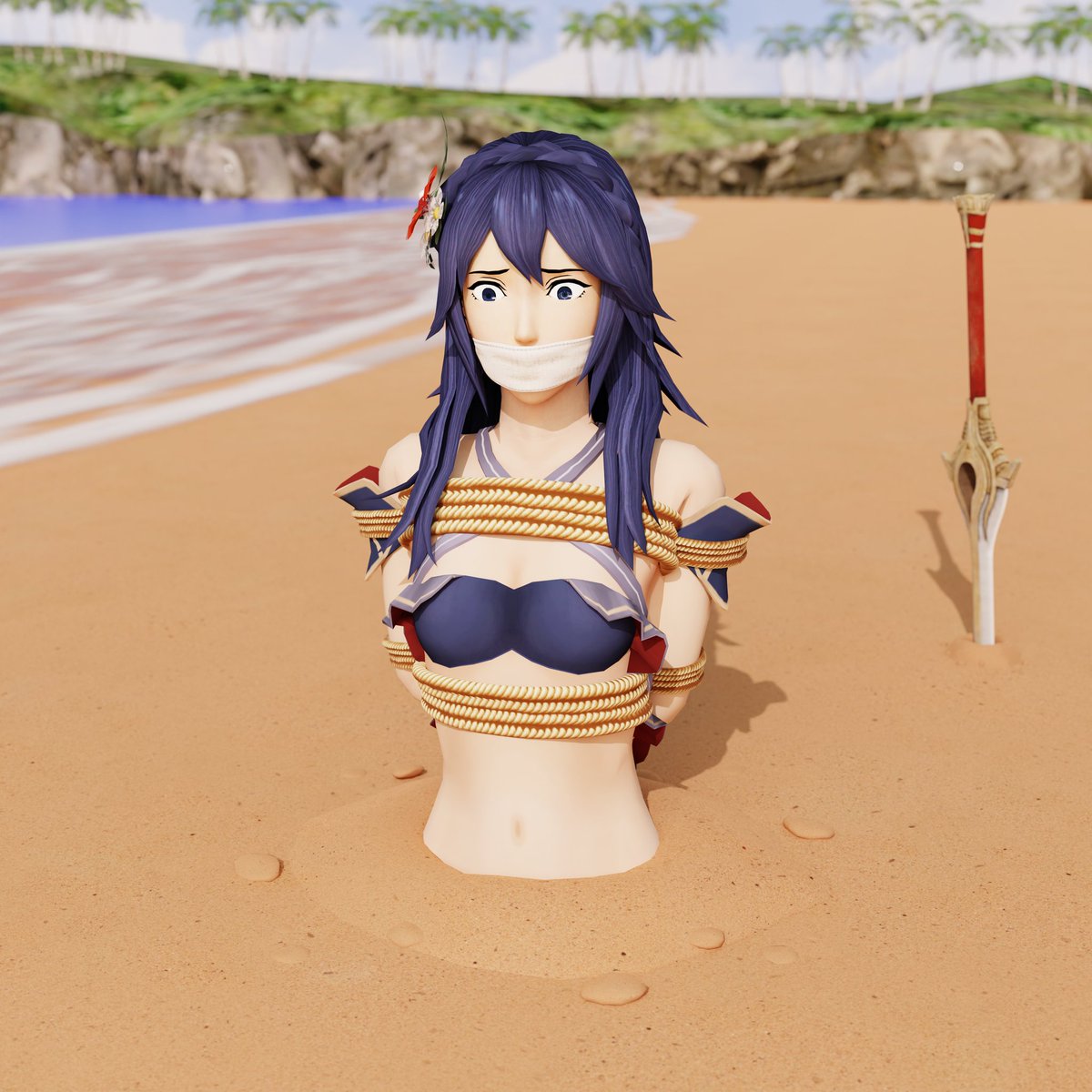 "Trapped in the Sands of Time"

Far off on the shores of Askr, Lucina had lost a dual against a cunning foe.
Now her next battle is with the sand itself!
#Buriedinsand #クイックサンド #底なし沼 #Lucina #FireEmblem #Blender3D #FireEmblemHeroes #Damselindistress