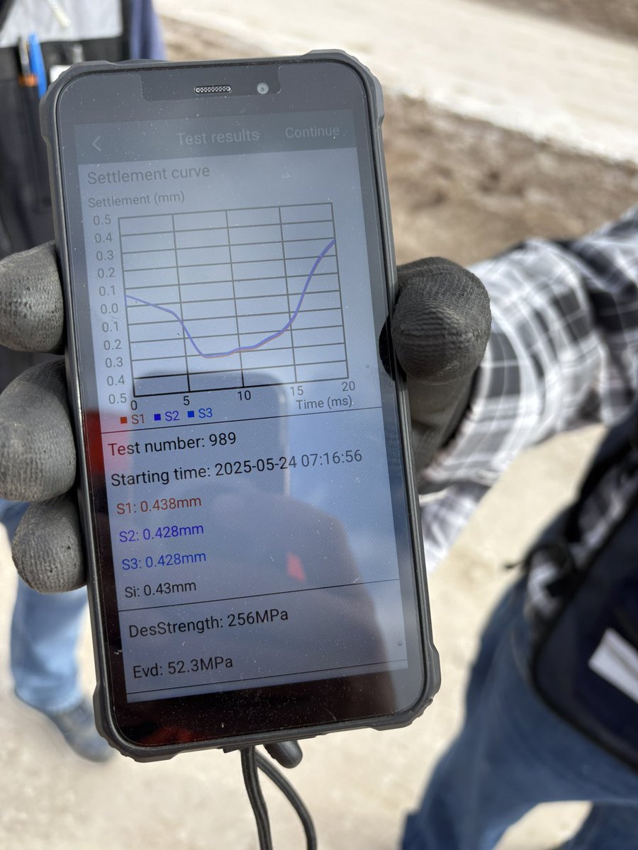 El deflectómetro de impacto ligero (LWD) es un equipo estupendo para asegurar la calidad de compactación de suelos estabilizados.

Aquí estamos midiendo en arena arcillosa estabilizada al 1.5 % de cal. Los módulos LWD van de 35 a 70 MPa, típicos de un CBR mayor que 40 %.