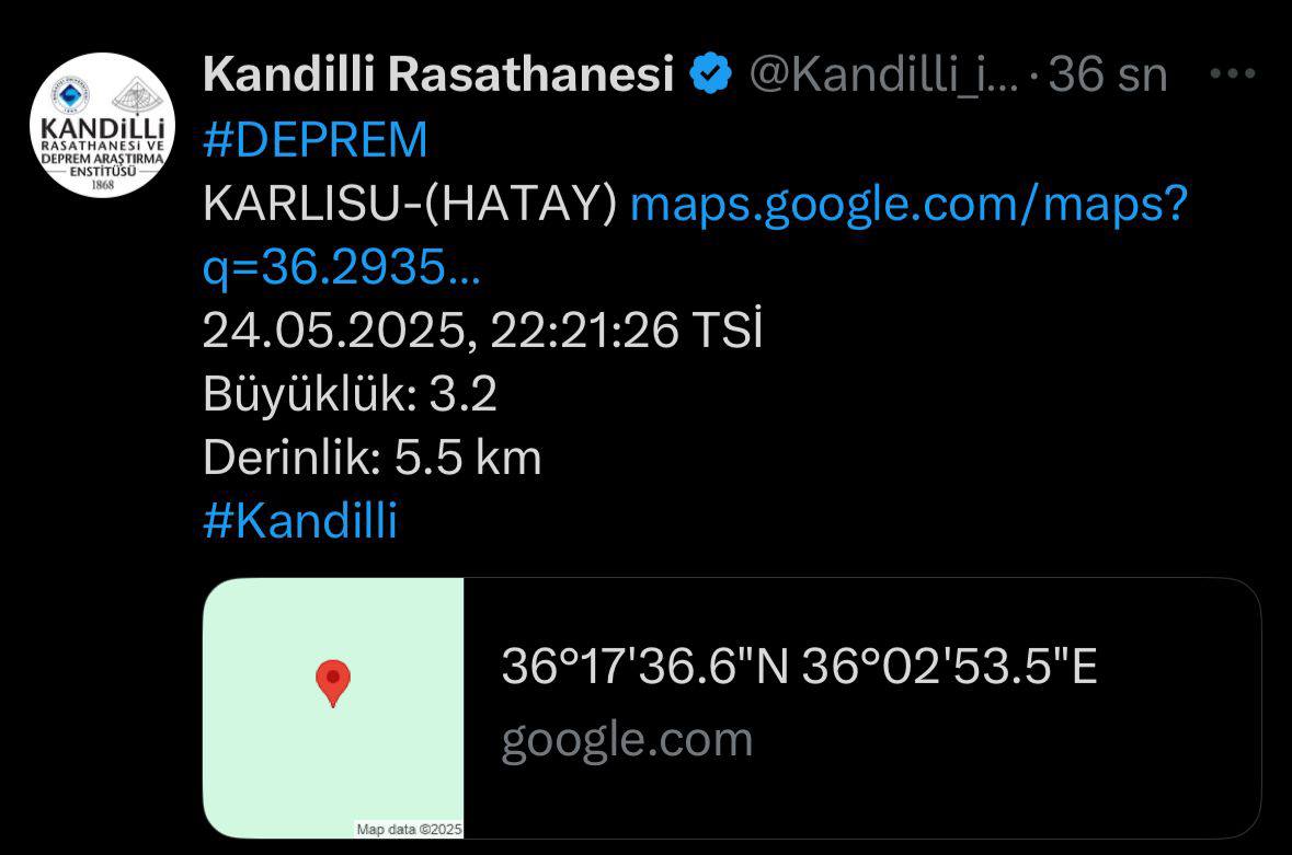 HaberHty's tweet photo. Hatay’ın merkez Antakya ilçesinde 3.3 şiddetinde deprem meydana geldi.

Karlısu merkezli depremin derinliği ise 4 kilometre olarak ölçüldü.

Kandilli Rasathanesi verilerine göre ise depremin şiddetinin 3.2 olduğu bildirildi.

#Hatay #Antakya #Karlısu #Deprem https://t.co/e0IxCU2Lco