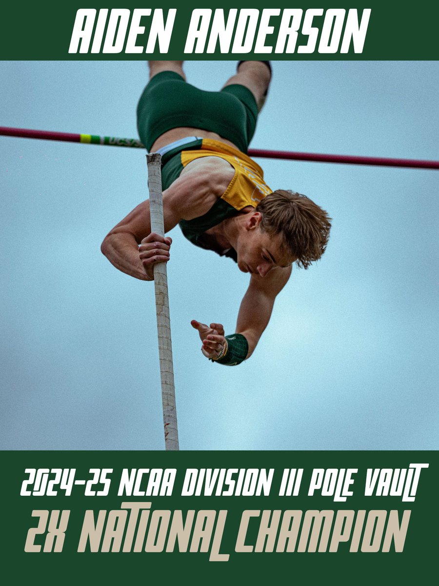 HE'S A 2 TIME, 2 TIME NCAA DIVISION III NATIONAL CHAMPION

Senior Aiden Anderson is a double national champion and completes the sweep of pole vault national titles after winning the event in a jump off after clearing a career-best 16 feet 10 3/4 inches!!!!

#GoGreenKnights