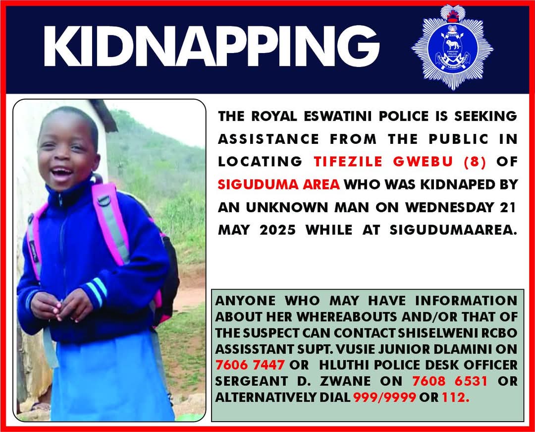 KIDNAPPING ALERT! ⚠️ 8-year-old Tifézile Gwebu was abducted in Siguduma, Eswatini. Share this NOW! Let's help the Royal Eswatini Police find her. #Eswatini #MissingChild #SpreadTheWord #naweuliphoyisa