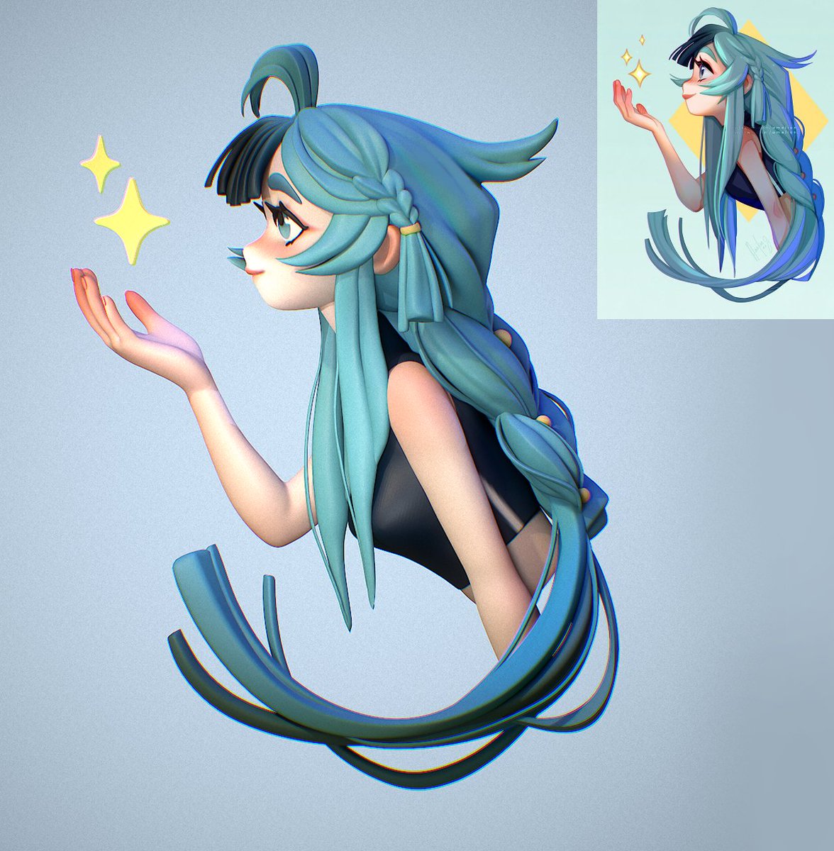 lazy_decay's tweet image. Stylized hair practice~
Ref by Amelion
#3DCG