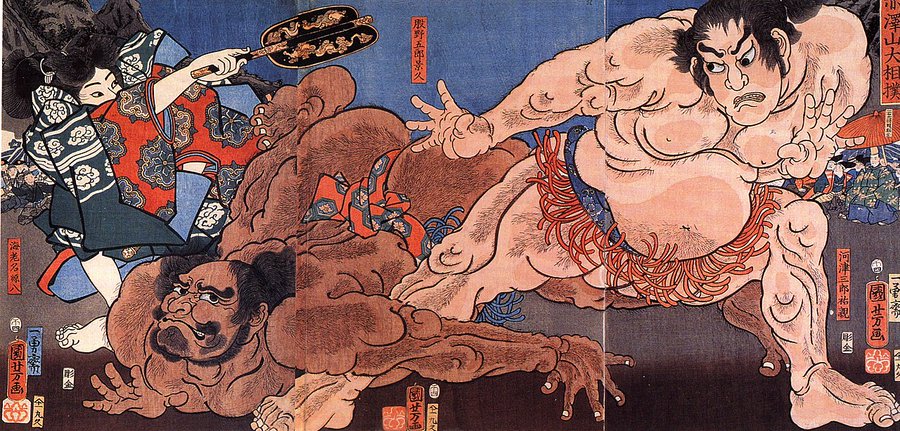 JapanTraCul's tweet photo. Sumo Wrestling on the Akazawa Mountain, by Utagawa Kuniyoshi, 19th century https://t.co/A7nbqBoIg3