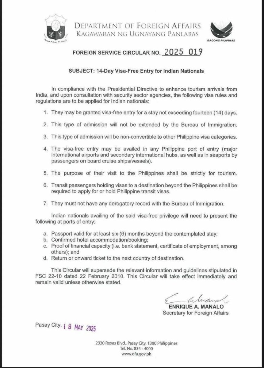 So here's the news officially available, Indians can now get free 14 days visa on arrival to Philippines.

A great undiscovered destination. 

Only for Tourist travelers, no business travelers.

philippine-embassy.org.sg/consular/visa/…

They haven't yet fully updated their websites but their