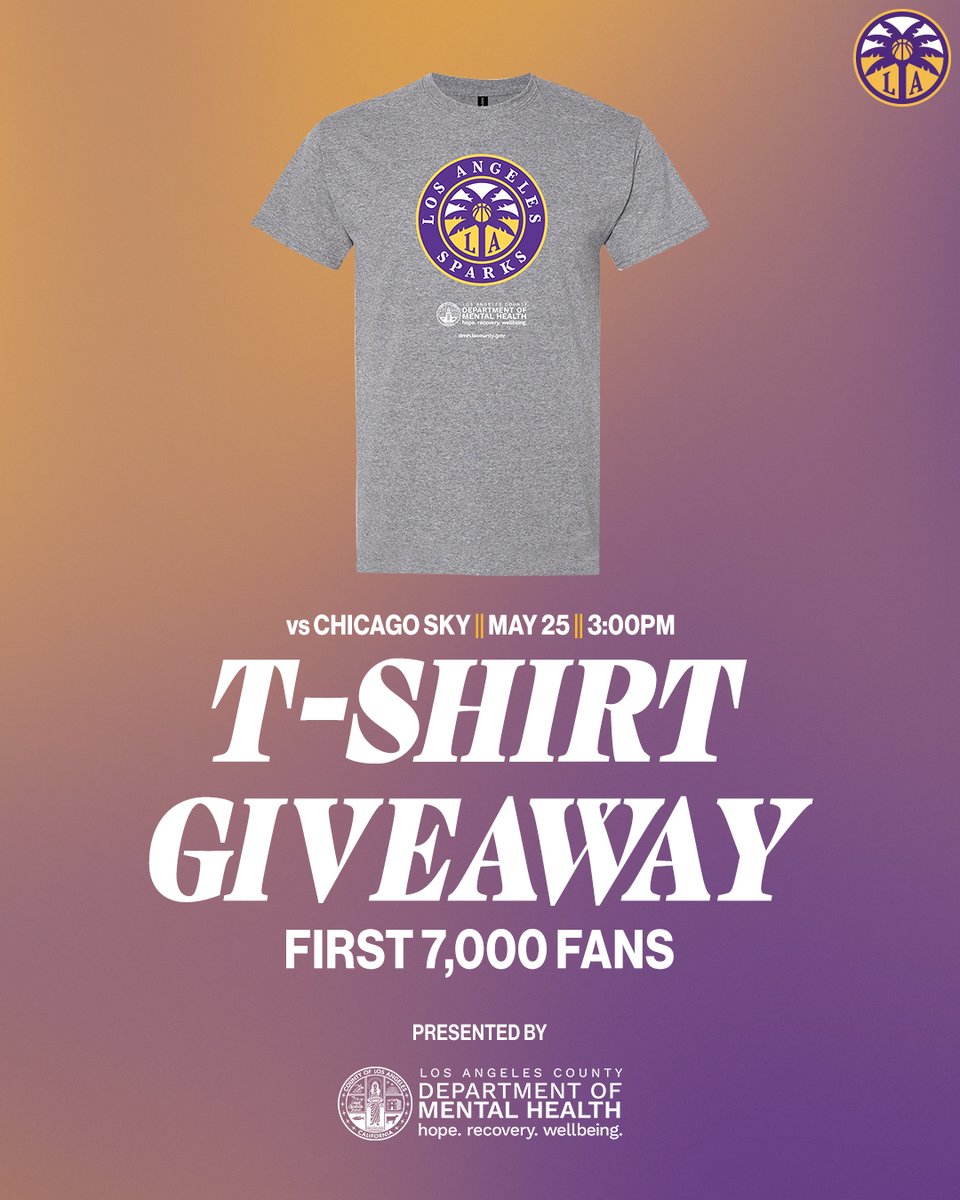 Los Angeles Sparks (@lasparks) on Twitter photo The first 7,000 fans attending this Sunday's game vs. Sky gets a t-shirt courtesy of <a href="/LACDMH/">LA County Dept of Mental Health</a>.
Grab your tickets: bit.ly/3Z1zsTs The first 7,000 fans attending this Sunday's game vs. Sky gets a t-shirt courtesy of <a href="/LACDMH/">LA County Dept of Mental Health</a>.
Grab your tickets: bit.ly/3Z1zsTs