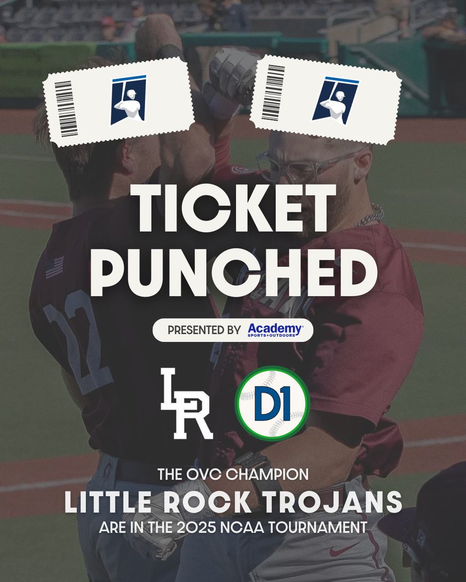 D1Baseball (@d1baseball) on Twitter photo 🎟 𝐓𝐈𝐂𝐊𝐄𝐓 𝐏𝐔𝐍𝐂𝐇𝐄𝐃 🎟
For the second time in program history and the first time since 2011, <a href="/LittleRockBSB/">Little Rock Trojan Baseball</a> is heading to the NCAA tournament!
🤝 <a href="/Academy/">Academy Sports + Outdoors</a> 🎟 𝐓𝐈𝐂𝐊𝐄𝐓 𝐏𝐔𝐍𝐂𝐇𝐄𝐃 🎟
For the second time in program history and the first time since 2011, <a href="/LittleRockBSB/">Little Rock Trojan Baseball</a> is heading to the NCAA tournament!
🤝 <a href="/Academy/">Academy Sports + Outdoors</a>