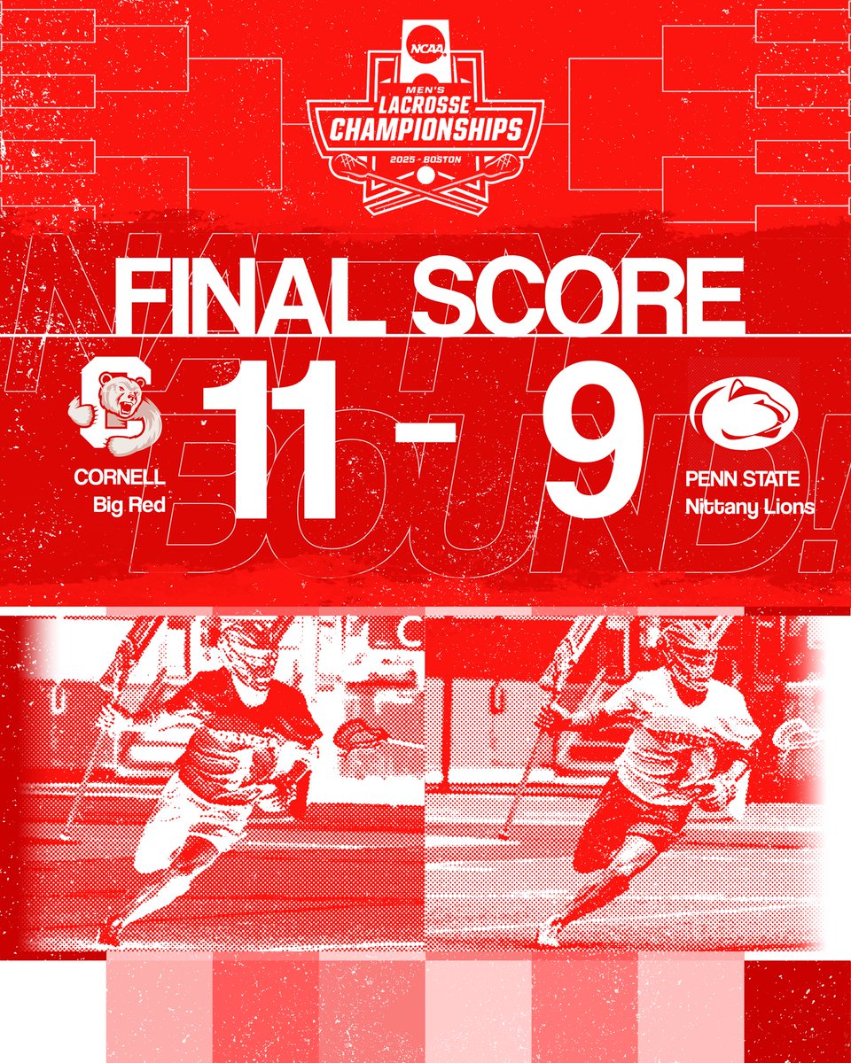 CHAMPIONSHIP BOUND‼️🥍🔥

The Big Red defeat Penn State, 11-9! Cornell advances to the National Championship for the first time since 2022!

Hugh Kelleher led with a hat trick, while Michael Long had a team-high of 5 points with 2 goals and 3 assists! Wyatt Knutson made 9 saves!