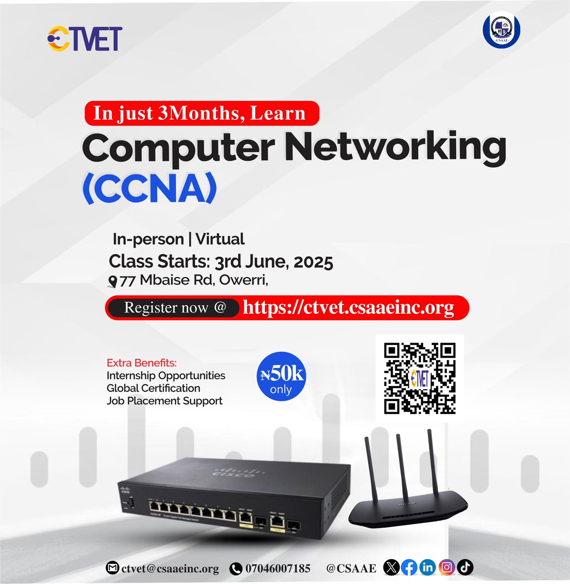 OUR LEGACY SPEAKS FOR US! 

Over 67% of our graduates got high-paying jobs within 10 months of graduation. 

We don’t just teach, we empower you with access to opportunities and the right skills to win.

register  here ctvet.csaaeinc.org

Class starts June 3rd

#CSAAE #data