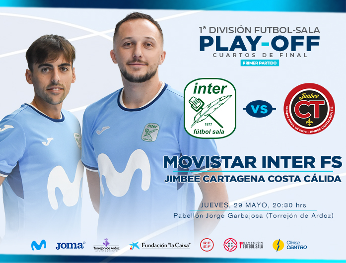 Movistar Inter FS (@intermovistar) on Twitter photo ๐ ยกYa conocemos a nuestro rival en los ๐/๐ ๐๐ ๐๐ข๐ง๐๐ฅ en el ๐ฉ๐ฅ๐๐ฒ๐จ๐๐ por el tรญtulo!
โ๏ธ Nos mediremos a <a href="/JimbeeCartagena/">Jimbee Cartagena Costa Cรกlida</a>.
๐ El primer choque serรก el jueves, 29 de mayo.
โฐ 20:30h
๐๏ธ Jorge Garbajosa de <a href="/TorrejonDxte/">Concejalรญa Deportes Torrejรณn de Ardoz</a>
๐บ <a href="/teledeporte/">Teledeporte</a>
๐๏ธ ๐๐ง๐ญ๐ซ๐๐๐๐ฌ ๐๐ป ๐ ยกYa conocemos a nuestro rival en los ๐/๐ ๐๐ ๐๐ข๐ง๐๐ฅ en el ๐ฉ๐ฅ๐๐ฒ๐จ๐๐ por el tรญtulo!
โ๏ธ Nos mediremos a <a href="/JimbeeCartagena/">Jimbee Cartagena Costa Cรกlida</a>.
๐ El primer choque serรก el jueves, 29 de mayo.
โฐ 20:30h
๐๏ธ Jorge Garbajosa de <a href="/TorrejonDxte/">Concejalรญa Deportes Torrejรณn de Ardoz</a>
๐บ <a href="/teledeporte/">Teledeporte</a>
๐๏ธ ๐๐ง๐ญ๐ซ๐๐๐๐ฌ ๐๐ป
