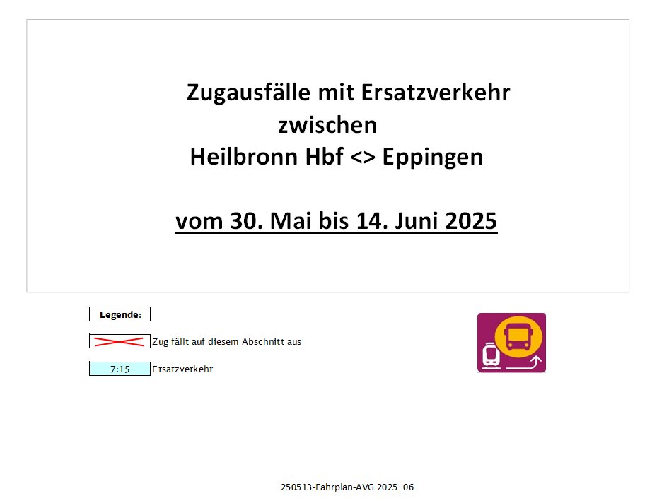 Regio_Mitte's tweet photo. #VorabInfo #RE45 - #Heilbronn_Hbf <> #Eppingen
Im Zeitraum vom 30.05.2025 bis 14.06.2025 finden Bauarbeiten statt.
Es kommt zu geänderten #Fahrzeiten, #Haltausfällen und #Ersatzverkehr.
Infos finden Sie auf: https://t.co/o1i48eV3wX
Fahrplan: https://t.co/CnrFzpMGZB https://t.co/LgpNevXhTS