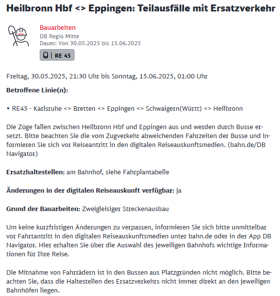 Regio_Mitte's tweet photo. #VorabInfo #RE45 - #Heilbronn_Hbf <> #Eppingen
Im Zeitraum vom 30.05.2025 bis 14.06.2025 finden Bauarbeiten statt.
Es kommt zu geänderten #Fahrzeiten, #Haltausfällen und #Ersatzverkehr.
Infos finden Sie auf: https://t.co/o1i48eV3wX
Fahrplan: https://t.co/CnrFzpMGZB https://t.co/LgpNevXhTS