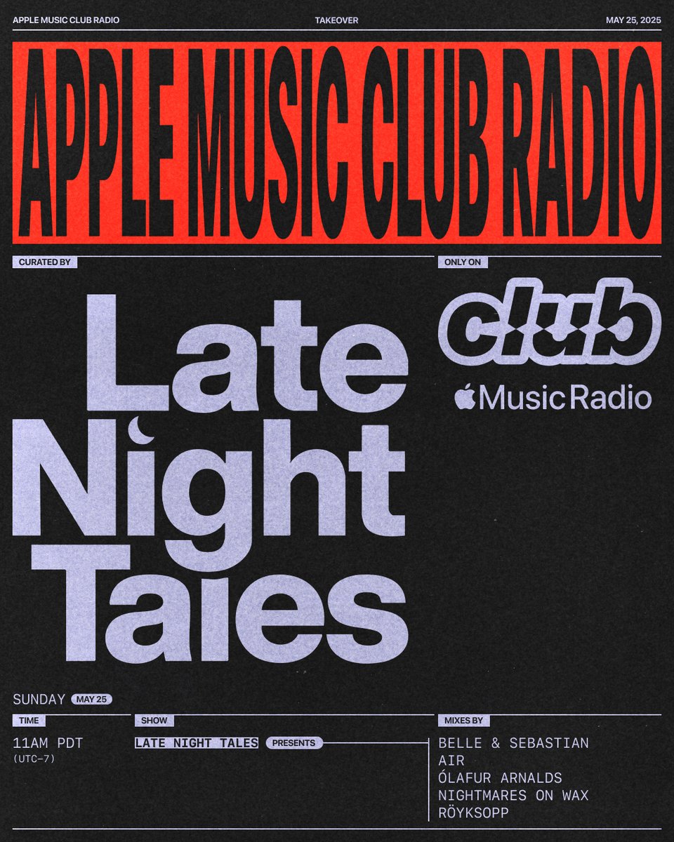 Late Night Tales (@latenighttales) on Twitter photo Late Night Tales is taking over <a href="/AppleMusic/">Apple Music</a> Club Radio today, May 25th. We’re going to be live from 7pm-1am (UK) / 11am-5pm (LA) / 2pm-8pm (New York). Head to apple.co/Club-Radio to listen free to some of our special mixes, no subscription required. Late Night Tales is taking over <a href="/AppleMusic/">Apple Music</a> Club Radio today, May 25th. We’re going to be live from 7pm-1am (UK) / 11am-5pm (LA) / 2pm-8pm (New York). Head to apple.co/Club-Radio to listen free to some of our special mixes, no subscription required.