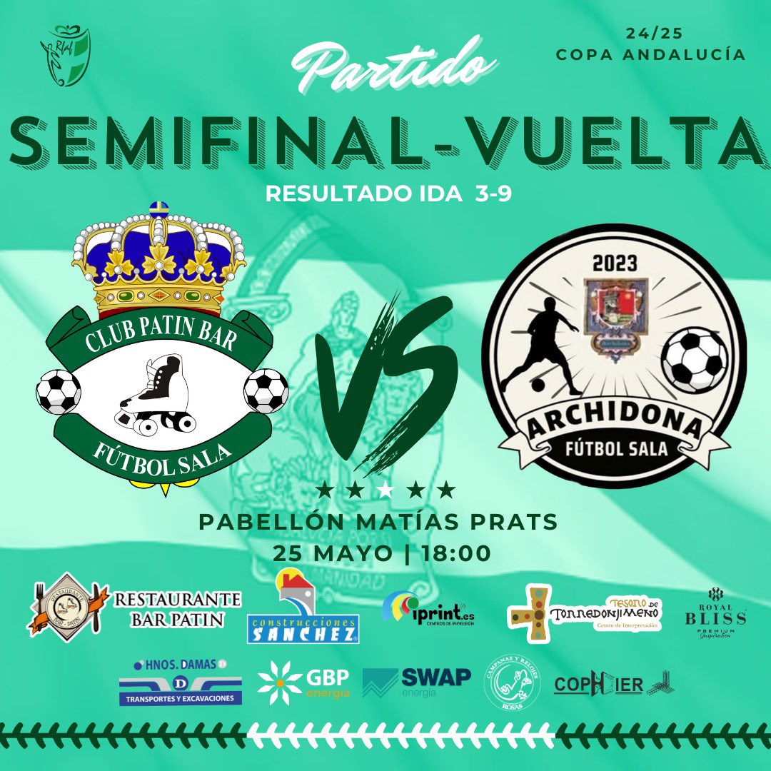 🏆 ℂ𝕆ℙ𝔸 𝔸ℕ𝔻𝔸𝕃𝕌ℂ𝕀𝔸 🏆

Último partido del año en casa. Queremos que sea una auténtica fiesta. Hagamos que sea una tarde para el recuerdo. Esta difícil pero no imposible.
¡Juntos a por la remontada!

🆚 Archidona Futsal
🏆 SEMIFINAL <a href="/RFAF/">RFAF</a> 
⌚️ 18:00 h.
📌P. Matías Prats
