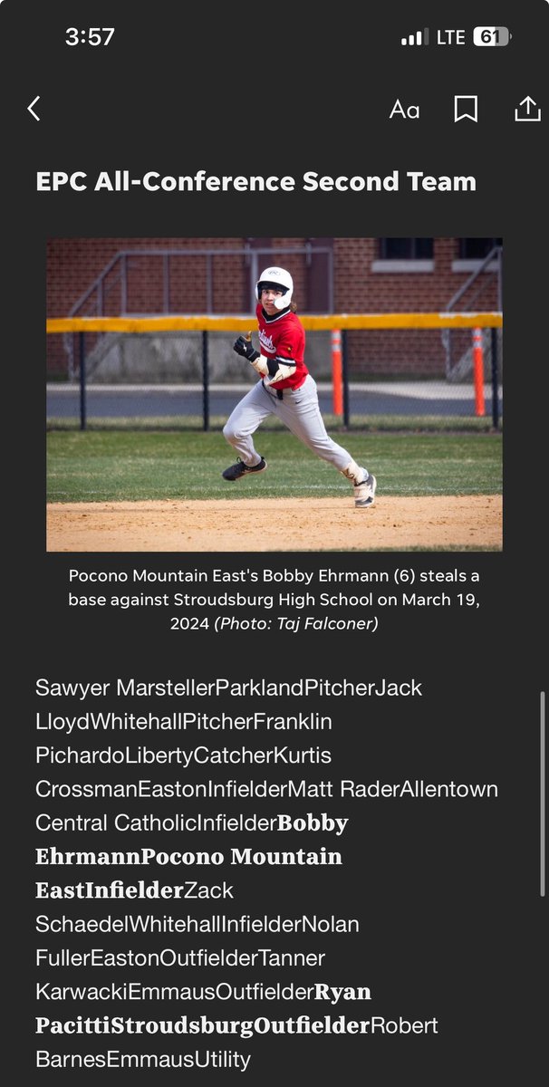 Awesome season!
9-1 conference record
12-4 Eastern Penn record 1st place
Made epc and district playoffs, while making 1st team all division, and 2nd team all epc.
Stats:
- .370 avg
- .469 obp
-24 hits
-18 RBI’s
-24 runs
-11 sb
-11 bb
-.960% fp 
<a href="/NEPridebaseball/">NEPridebaseball</a> 
<a href="/SburgBase/">Stroudsburg Baseball</a>