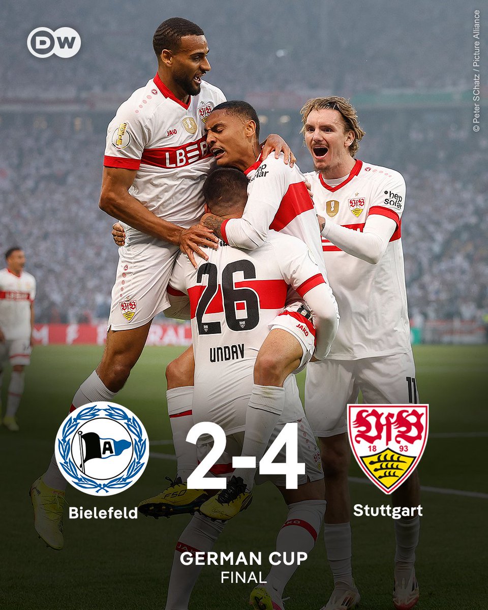 dw_sports's tweet photo. 𝐒𝐭𝐮𝐭𝐭𝐠𝐚𝐫𝐭 𝐚𝐫𝐞 𝐆𝐞𝐫𝐦𝐚𝐧 𝐂𝐮𝐩 𝐜𝐡𝐚𝐦𝐩𝐢𝐨𝐧𝐬 🏆

Bielefeld score the first ever German Cup final goal by a third-division team but their comeback attempt falls short. 

Stuttgart are in dreamland in Berlin 🌟

#DFBPokal | #DSCVfB https://t.co/Szlp1jD73a