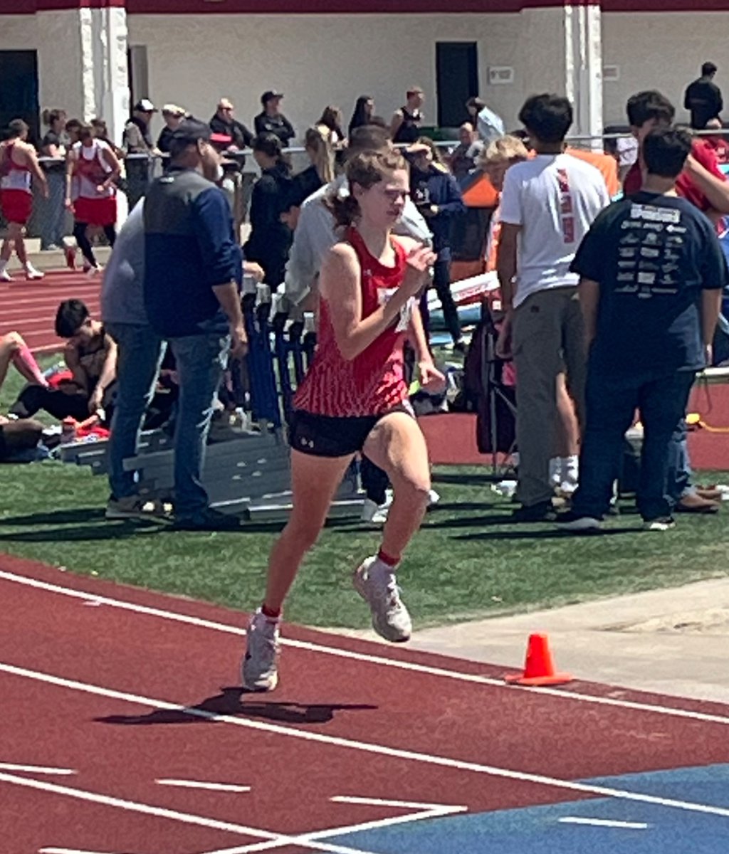 Freshman Mackenzie Woodrey kicks it in on her way to a PR of 5:50.59 in the 1600 and a 6th place finish at the District meet. Colt Barnes also placed 7th in the 110 highs.