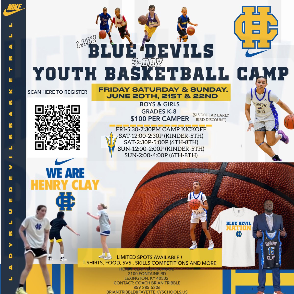 Coach Tribble (@coachtribble45) on Twitter photo 🏀 Henry Clay Lady Blue Devils Youth Basketball Camp is BACK!
📅 June 20–22 | 🎯 Friday Night Skills Competition along with a 🍦 Parents & Popsicles Kickoff!
💸 Register now & get a $15 early bird discount!
Don’t miss out ➡️
<a href="/hchs_ladydevils/">Henry Clay Girls Basketball</a> <a href="/HCHS_Athletics/">Henry Clay</a> 🏀 Henry Clay Lady Blue Devils Youth Basketball Camp is BACK!
📅 June 20–22 | 🎯 Friday Night Skills Competition along with a 🍦 Parents & Popsicles Kickoff!
💸 Register now & get a $15 early bird discount!
Don’t miss out ➡️
<a href="/hchs_ladydevils/">Henry Clay Girls Basketball</a> <a href="/HCHS_Athletics/">Henry Clay</a>