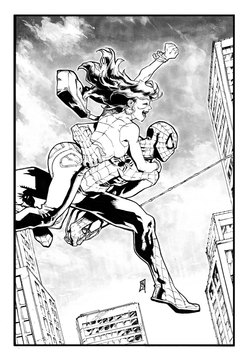 Cfvillaart's tweet image. MJ + Spidey commission. Traditional 11 x 17 inks and a bit of White acrilics. Scanned.
Bit rusty but we will get there.