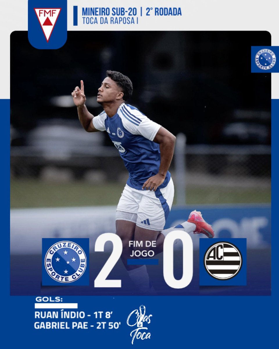 VENCE O CRUZEIRO! 🔵⚪️🦊
•
Com gols de Ruan Índio após assistência de Pablo Santos e Gabriel Pae no finalzinho, a equipe Sub-20 da raposa vence o Athletic por 2-0 pela segunda rodada do Mineiro! VAAAAAAAMOOOOOSSS, CRIAS! 💙

📸: Tiago Trindade/One Foto