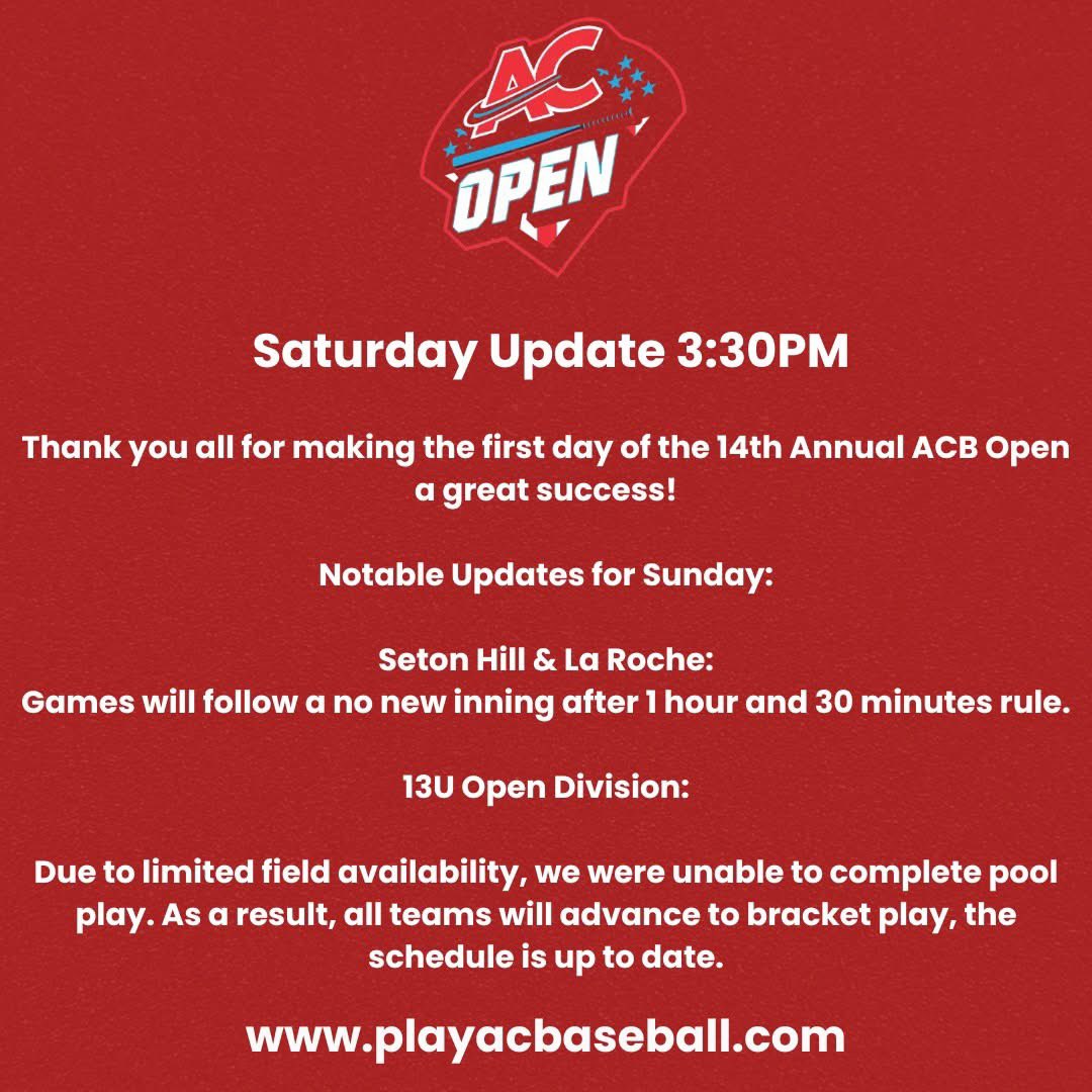 AC Open update for Saturday at 3:30pm! 

Please make sure you review your game times for tomorrow!

playacevents.com/events/14th-an…