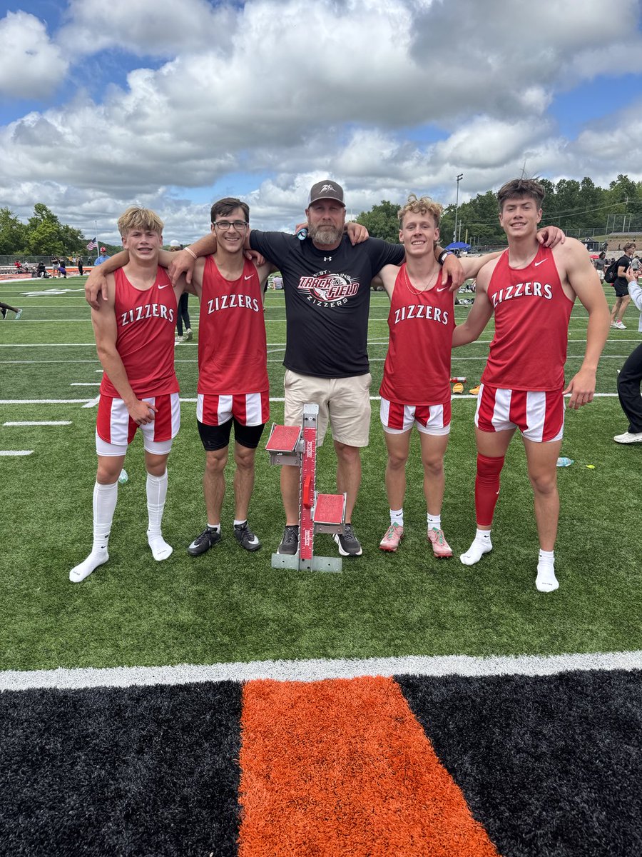 The 4x100 relay team of Cameron Miller,Zack Tinsley,Will Stauffer, Lincoln Milker, and Trentin Jeffords just punched their ticket to state while breaking a school record set in 2022 by Jason Lopez,Josh Leazer,Connor Lair, and Heston Miller. New Record 41.86!